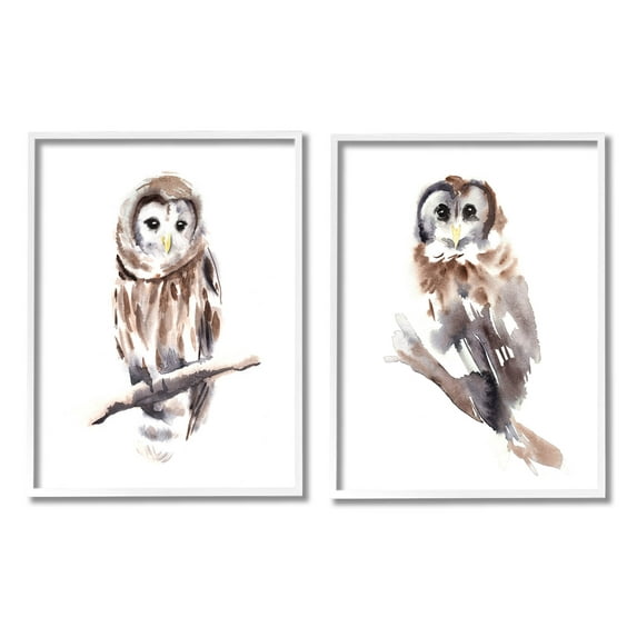 Stupell Industries Perched Owl Wildlife Portrait Painting White Framed Art Print Wall Art, Set of 2, Design by Annie Warren