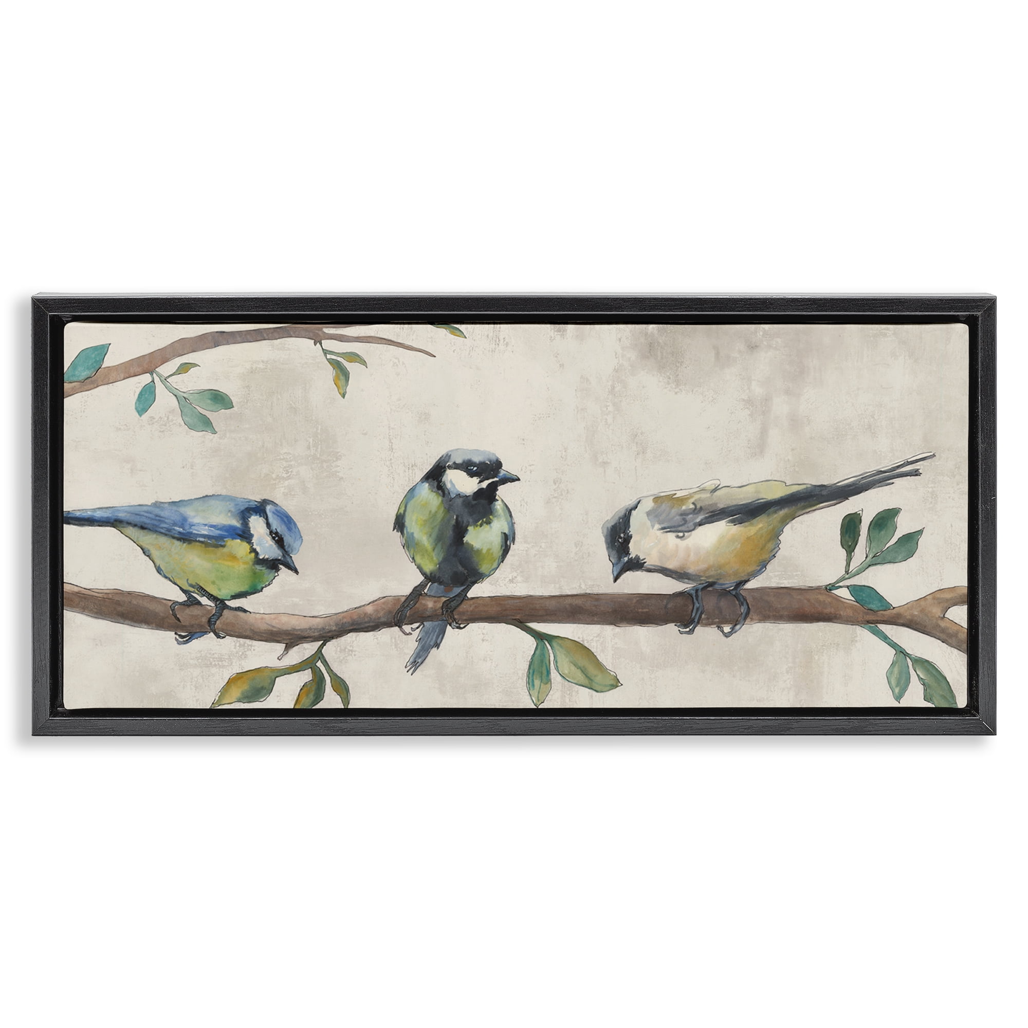 Stupell Industries Perched Songbirds on Branch Animals Painting Black Floater Framed Canvas Art Print Wall Art, 25 x 11