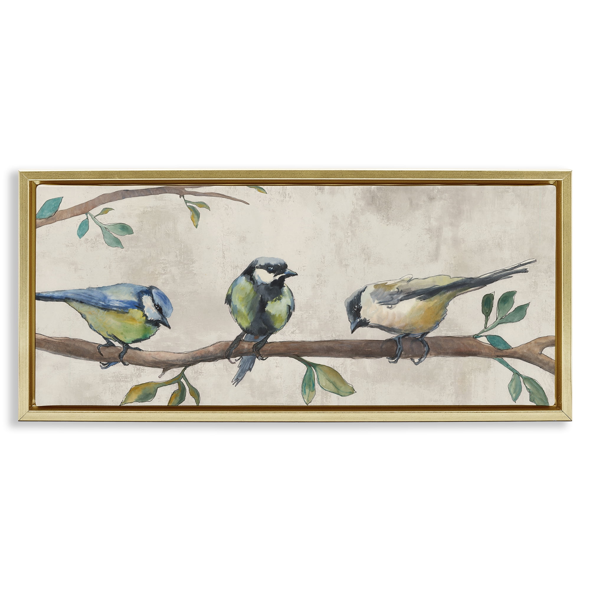 Stupell Industries Perched Songbirds on Branch Animals Painting Gold Floater Framed Canvas Art Print Wall Art, 25 x 11