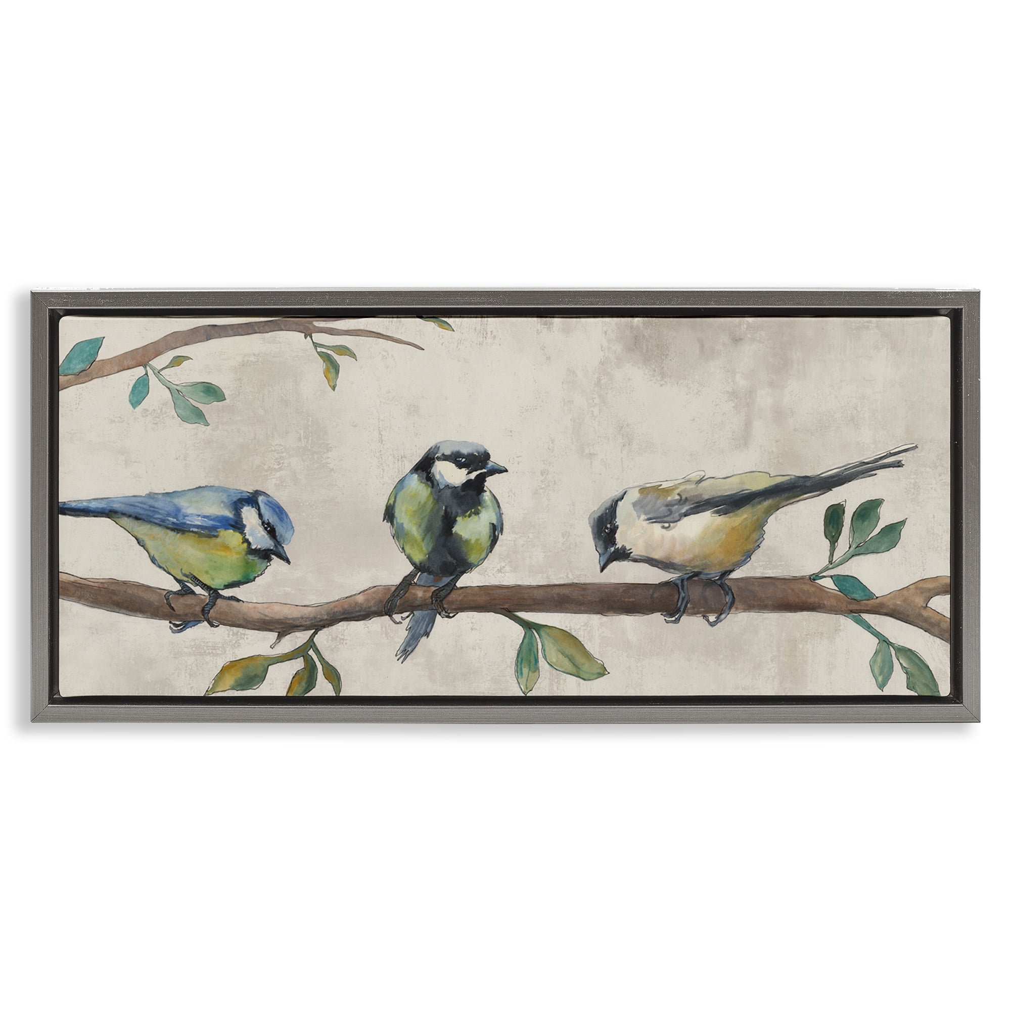 Stupell Industries Perched Songbirds on Branch Animals Painting Gray Floater Framed Canvas Art Print Wall Art, 25 x 11