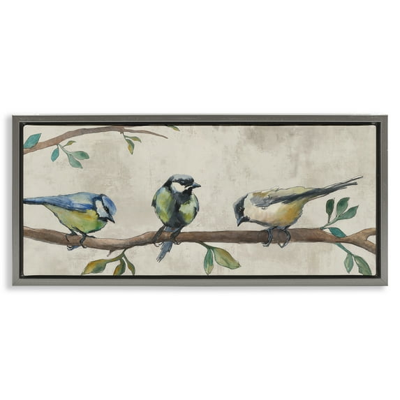 Stupell Industries Perched Songbirds on Branch Animals Painting Gray Floater Framed Canvas Art Print Wall Art, 25 x 11