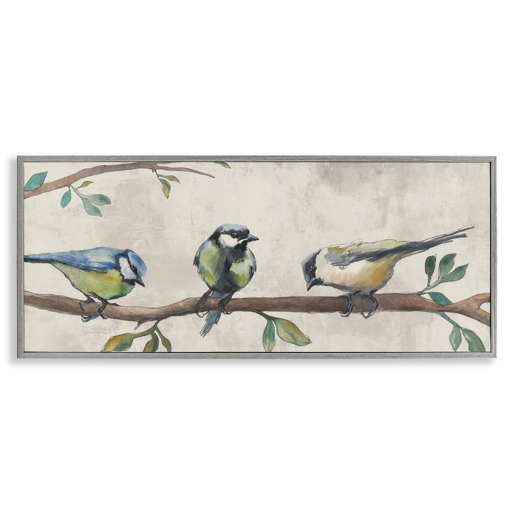 Stupell Industries Perched Songbirds on Branch Animals Painting Gray Framed Art Print Wall Art, 24 x 10