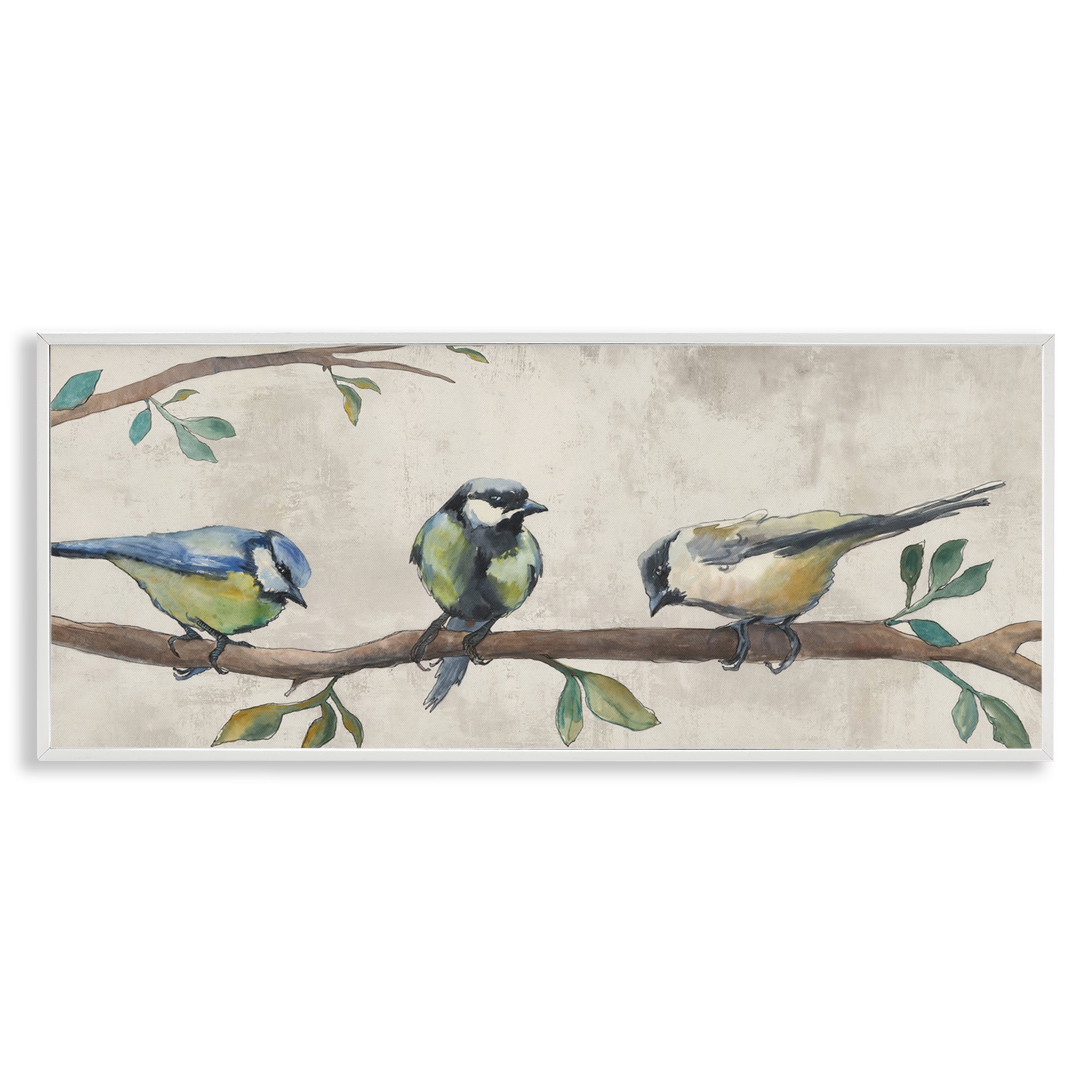 Stupell Industries Perched Songbirds on Branch Animals Painting White Framed Art Print Wall Art, 30 x 13