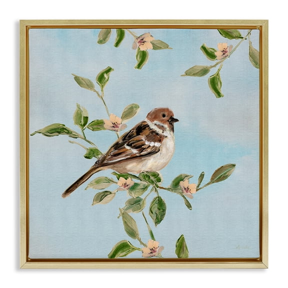 Stupell Industries Perched Sparrow Upon Leaves Animals Painting Gold Floater Framed Canvas Art Print Wall Art, 18 x 18