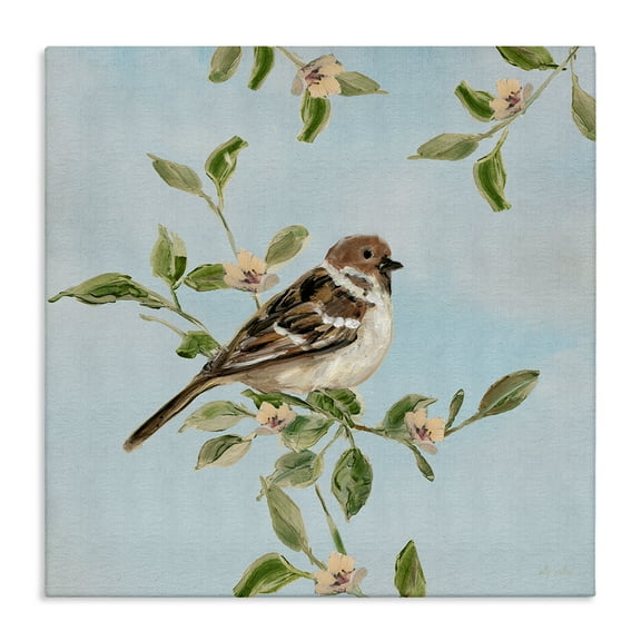 Stupell Industries Perched Sparrow Upon Leaves Animals Painting Wrapped Canvas Canvas Art Print Wall Art, 30 x 30