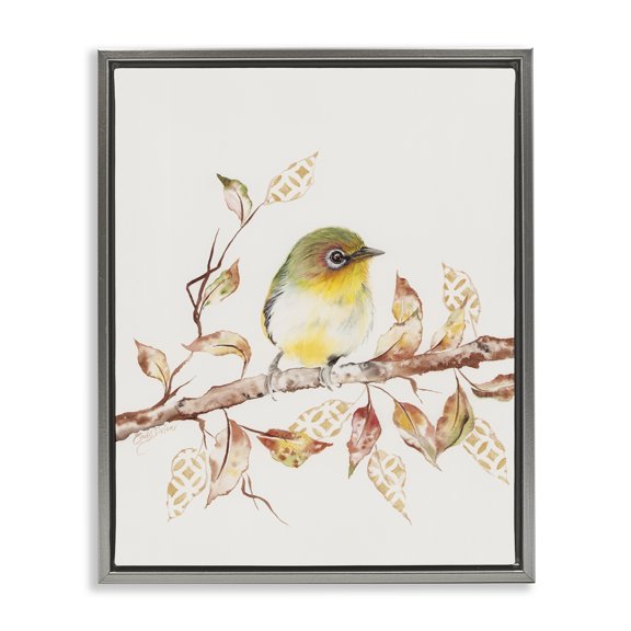 Perched Sparrow on Patterned Leaves Gray Floating Frame Canvas Art, 17 x 21, Made In USA