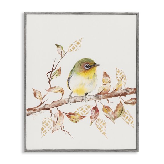 Perched Sparrow on Patterned Leaves Gray Framed Giclee Art, 11 x 14, Made In USA