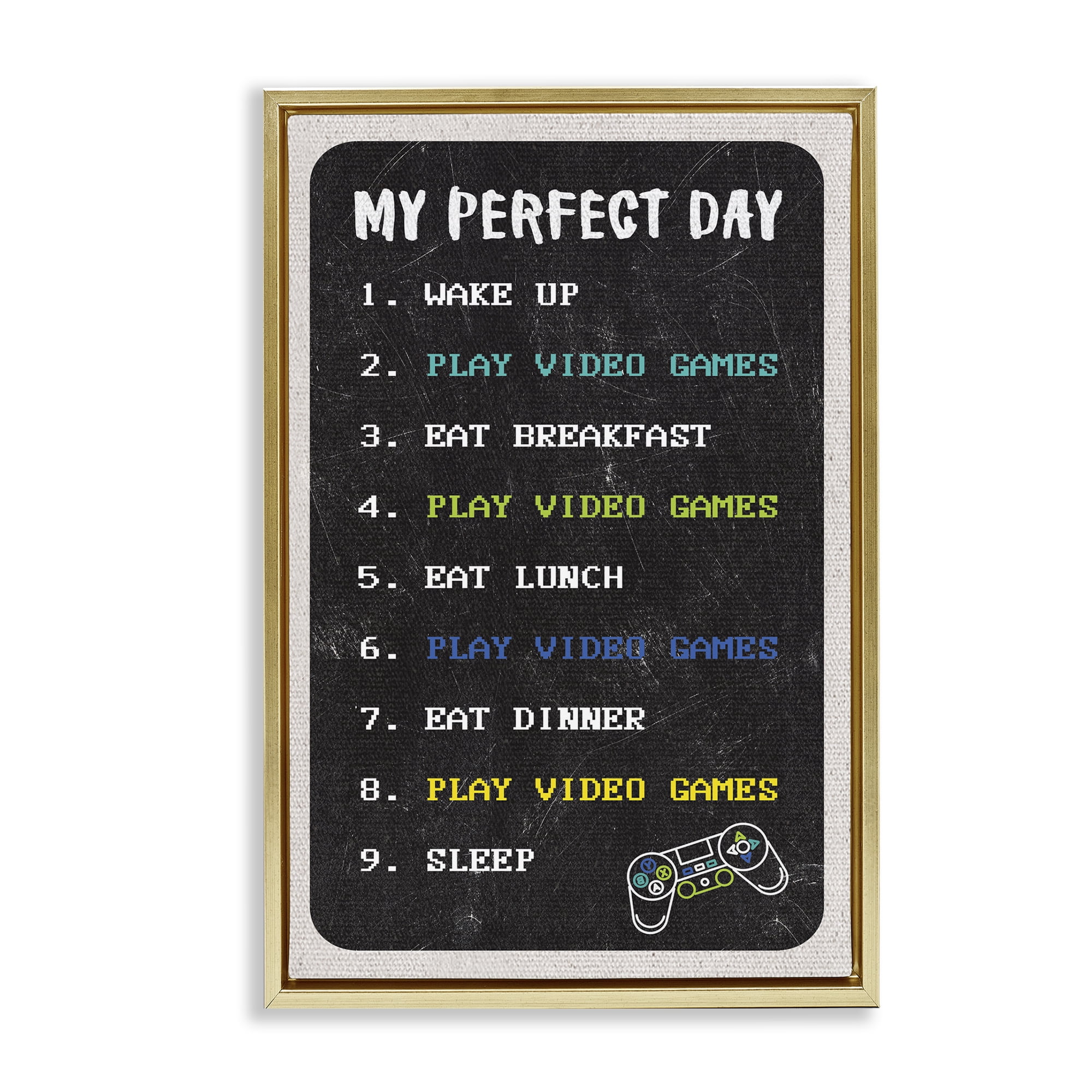 Stupell Industries Perfect Day Gamer Life Typography Painting Gold Floater Framed Art Print Wall Art, 17 x 25
