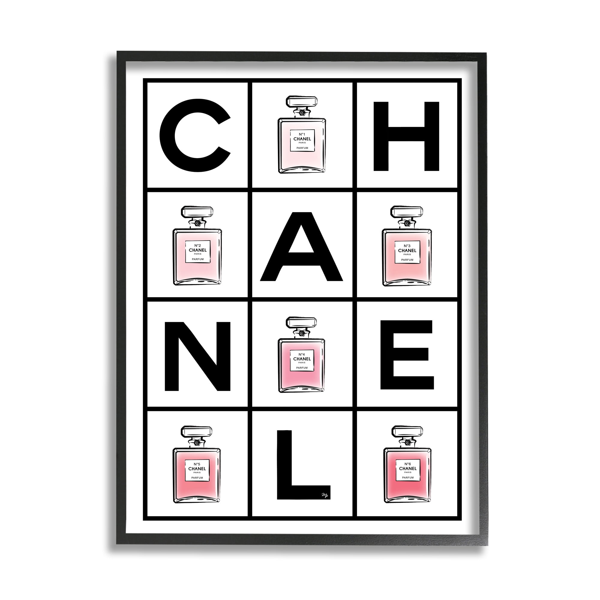 Stupell Industries Perfume Bottle Bold Text Glam Pattern Pink Typography Painting Black Framed Art Print Wall Art, 24 x 30