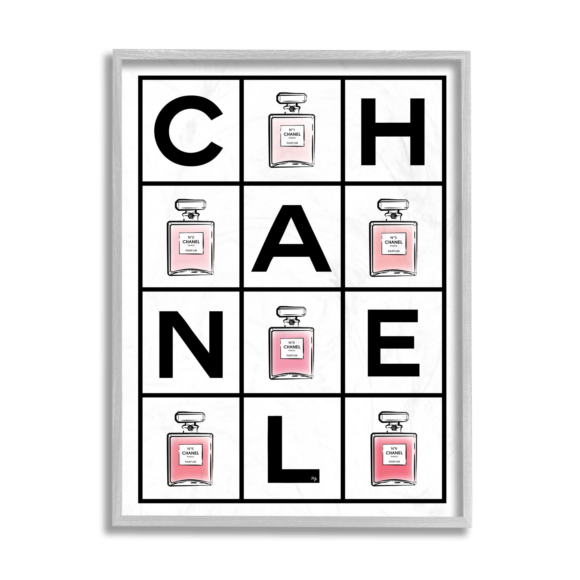 Stupell Industries Perfume Bottle Bold Text Glam Pattern Pink Typography Painting Gray Framed Art Print Wall Art, 16 x 20
