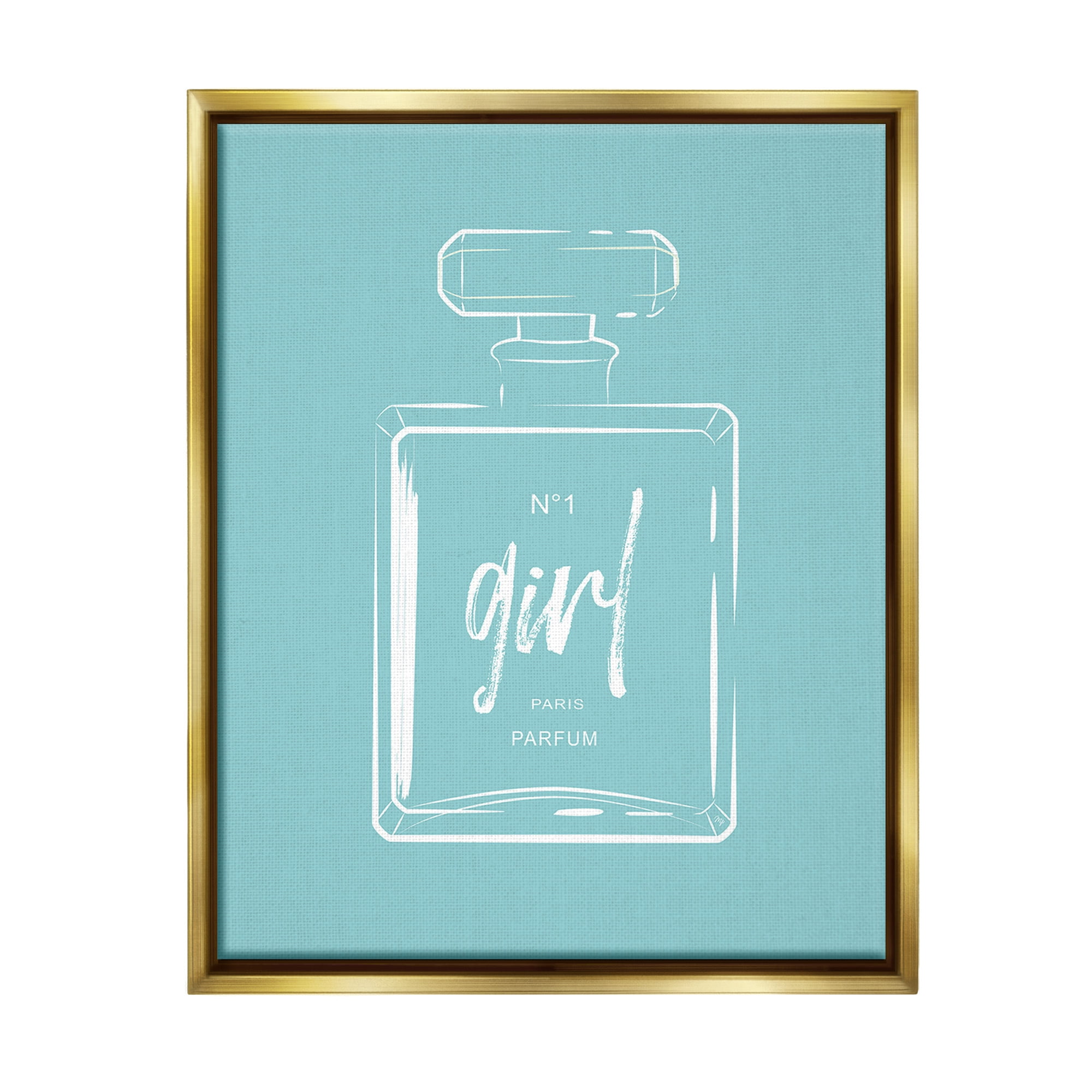 Stupell Industries Perfume Bottle on Blue Beauty & Fashion Painting Gold Floater Framed Canvas Art Print Wall Art, 25 x 31