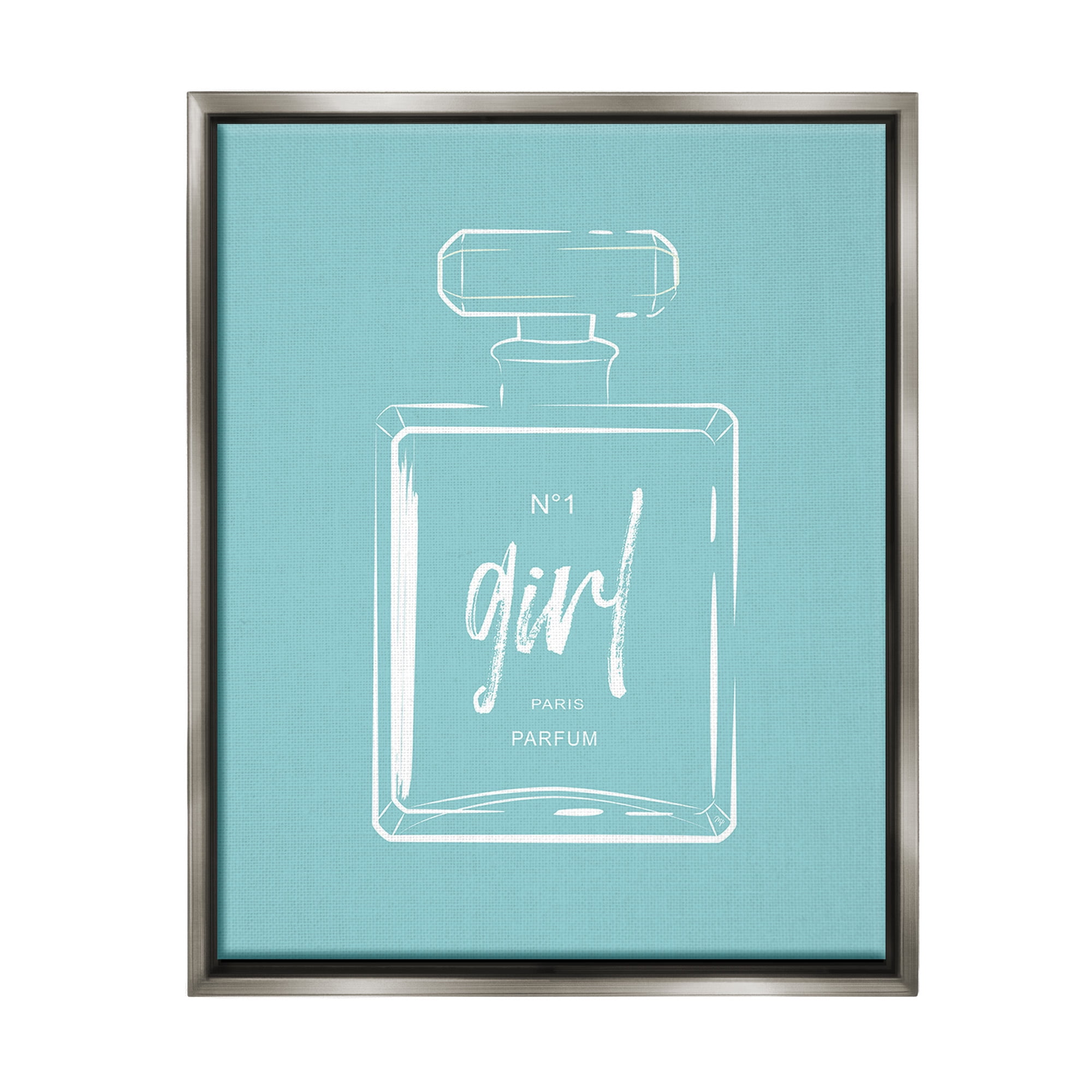 Stupell Industries Perfume Bottle on Blue Beauty & Fashion Painting Gray Floater Framed Canvas Art Print Wall Art, 25 x 31