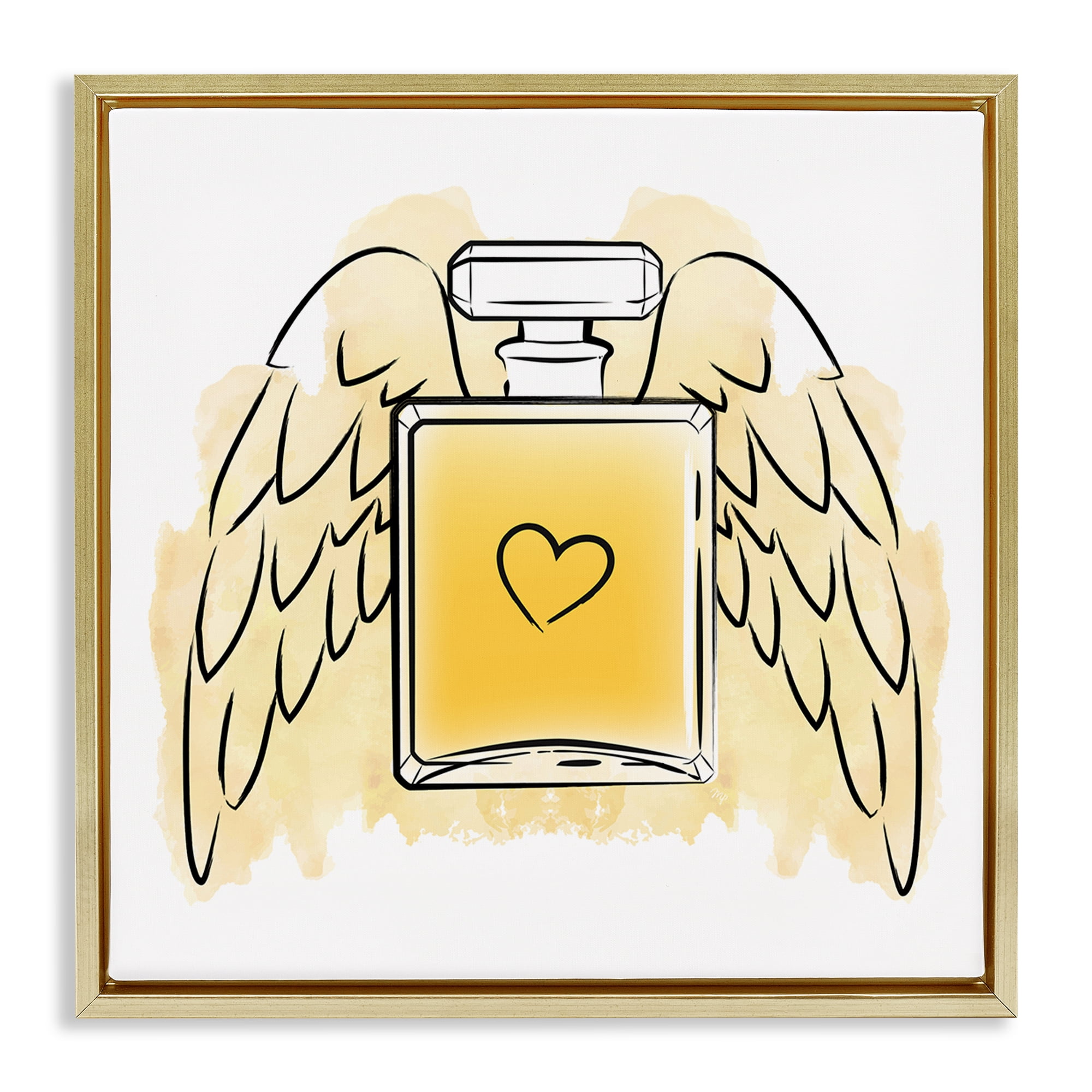 Stupell Industries Perfume with Angel Wings Fashion Painting Gold Floater Framed Canvas Art Print Wall Art, 18 x 18