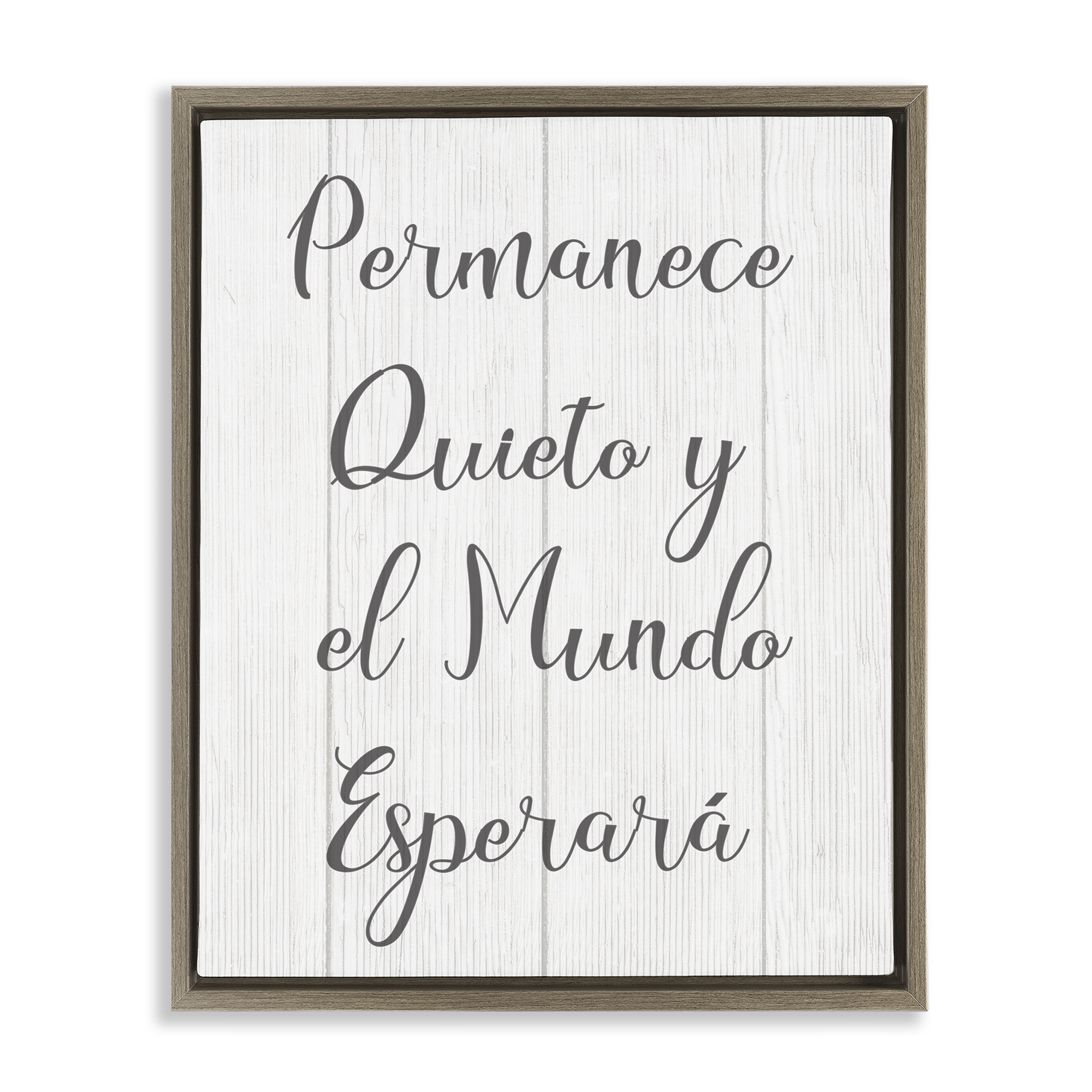 Stupell Industries Permanece en Quietud Inspirational Quotes & Sayings Painting Brown Floater Framed Art Print Wall Art, 17 x 21