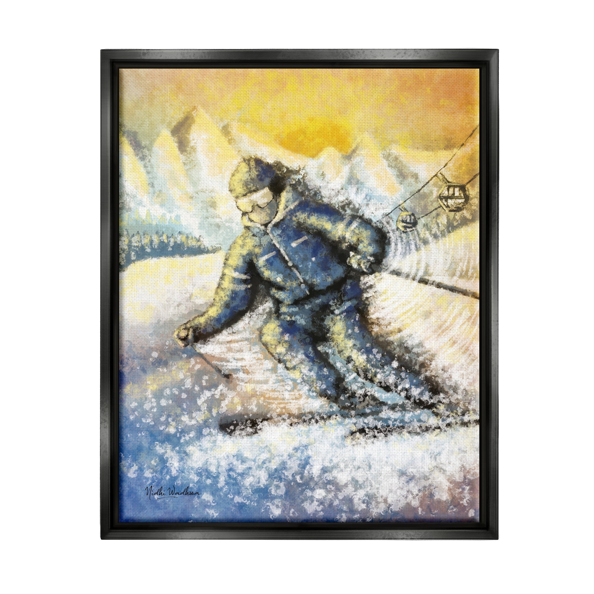 Stupell Industries Person Skiing on Slopes Sports Painting Black Floater Framed Art Print Wall Art, 17 x 21