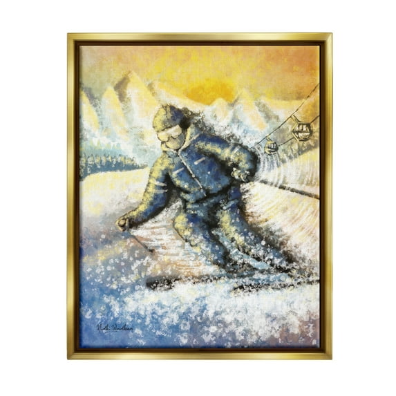 Stupell Industries Person Skiing on Slopes Sports Painting Gold Floater Framed Art Print Wall Art, 25 x 31
