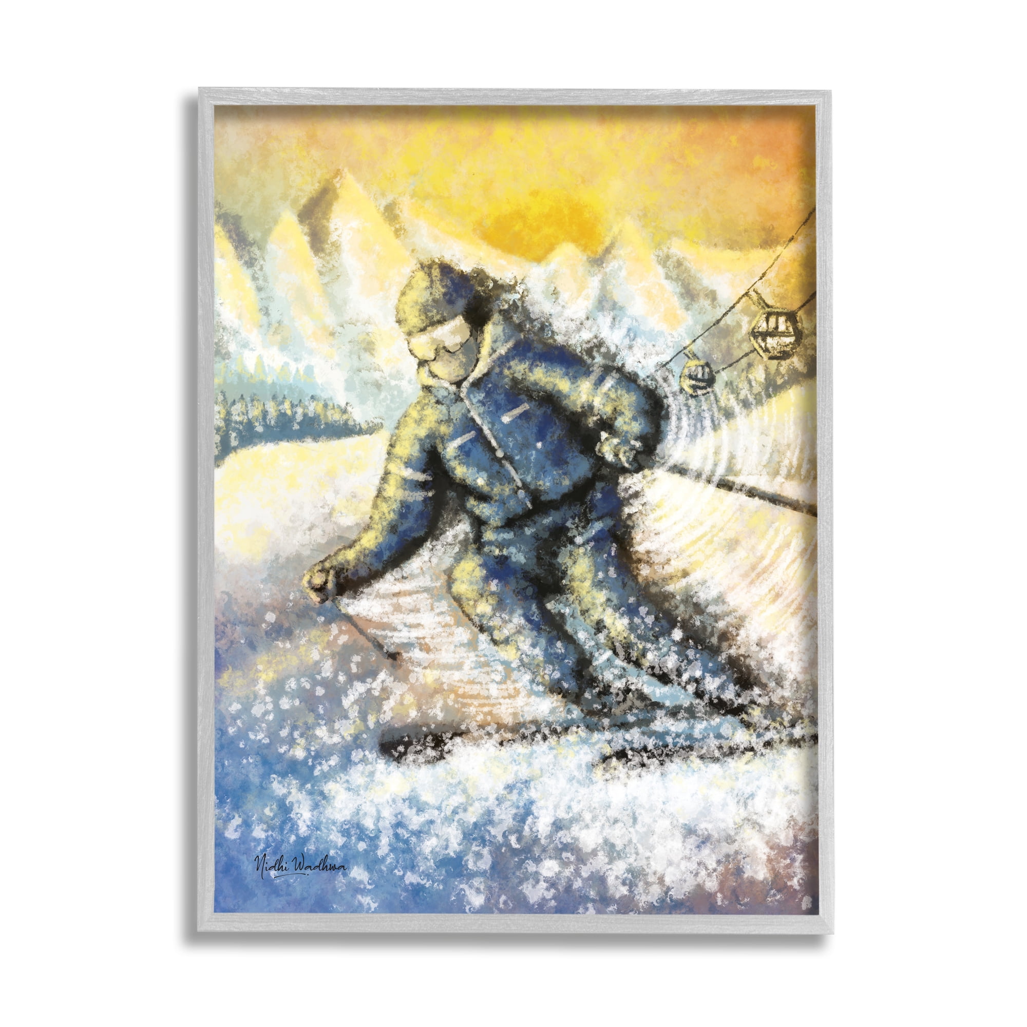 Stupell Industries Person Skiing on Slopes Sports Painting Gray Framed Art Print Wall Art, 16 x 20