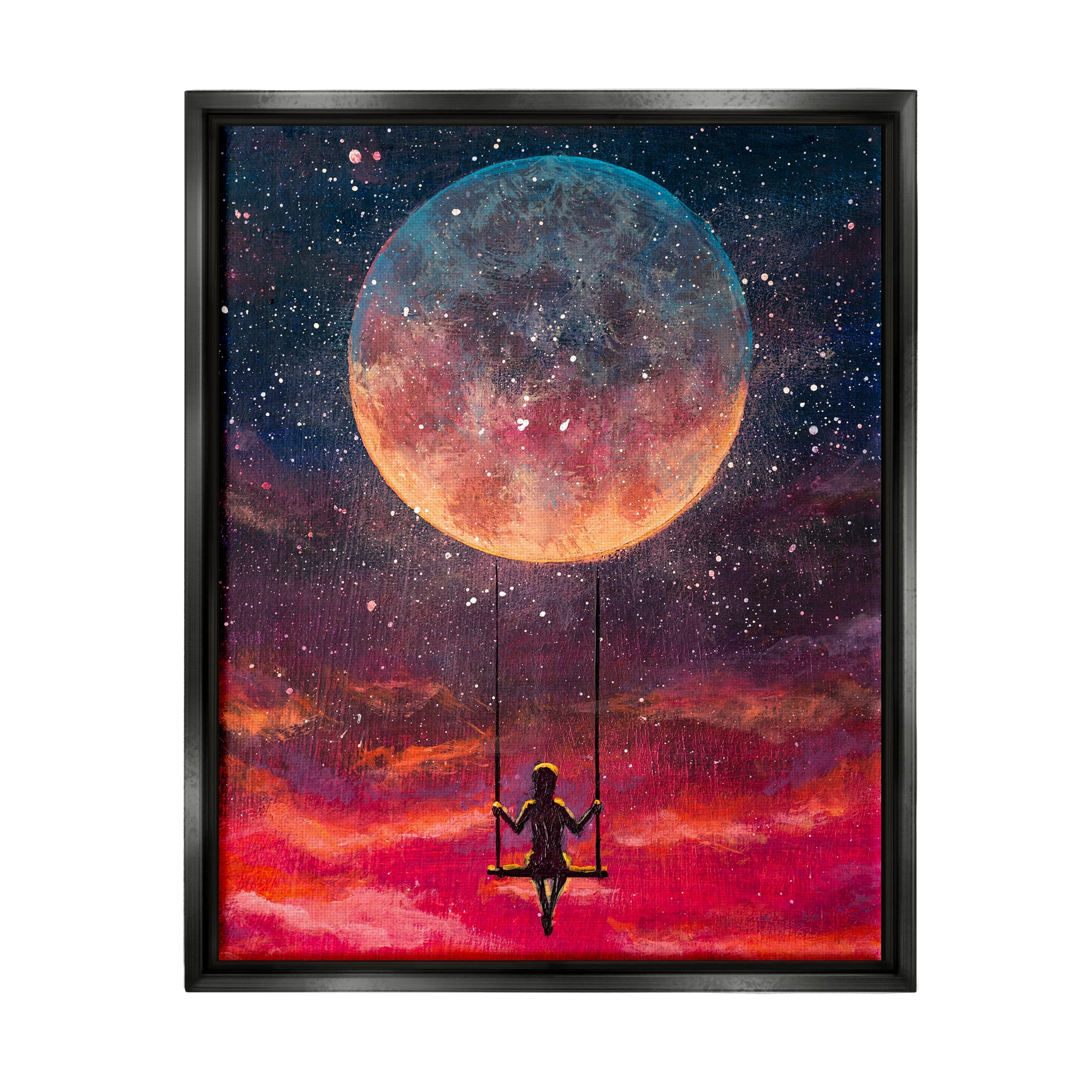 Stupell Industries Person Swinging From Moon Nature Painting Black Floater Framed Art Print Wall Art, 25 x 31