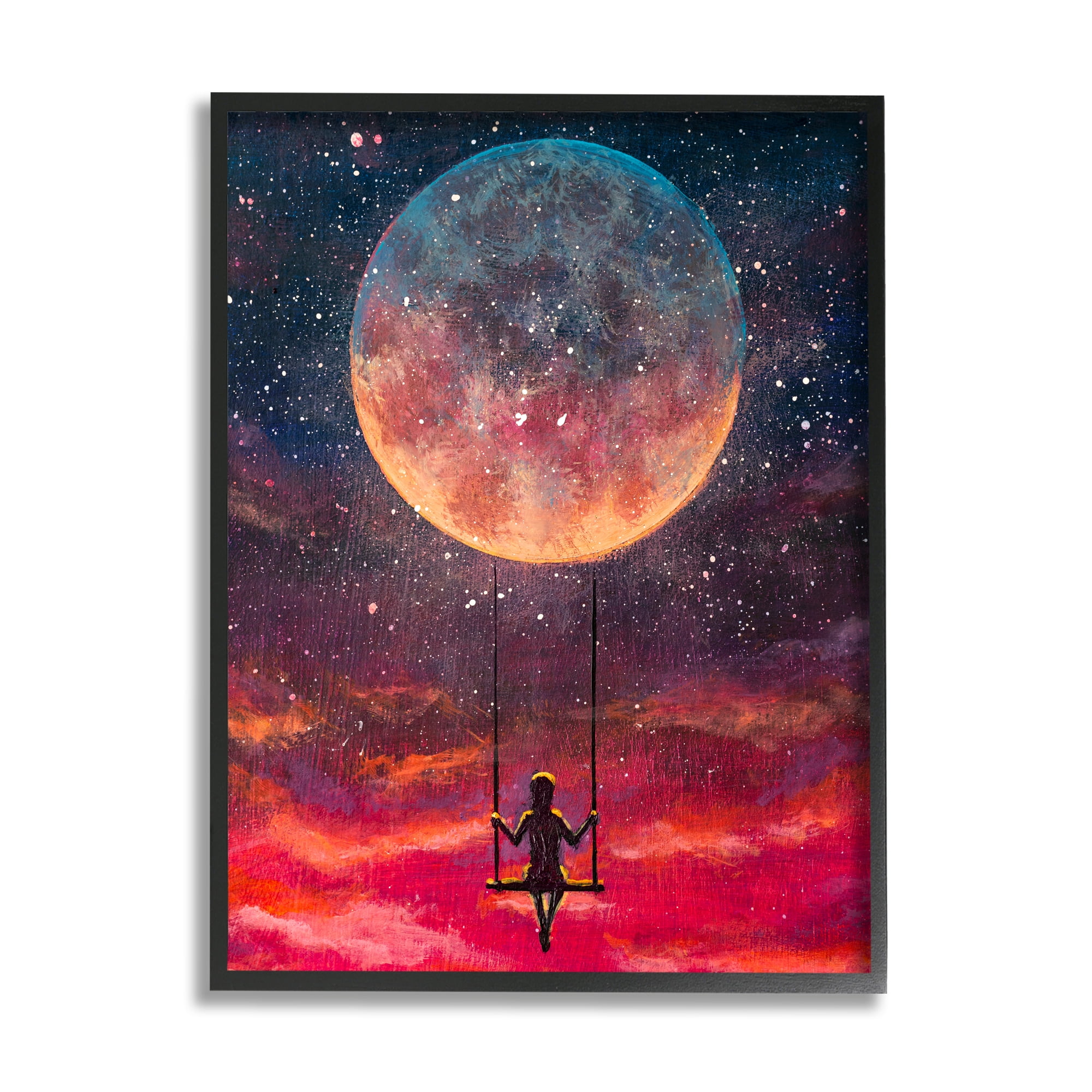 Stupell Industries Person Swinging From Moon Nature Painting Black Framed Art Print Wall Art, 24 x 30
