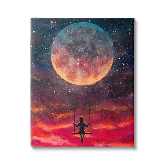 Stupell Industries Person Swinging From Moon Nature Painting Gallery Wrapped Canvas Print Wall Art, 16 x 20