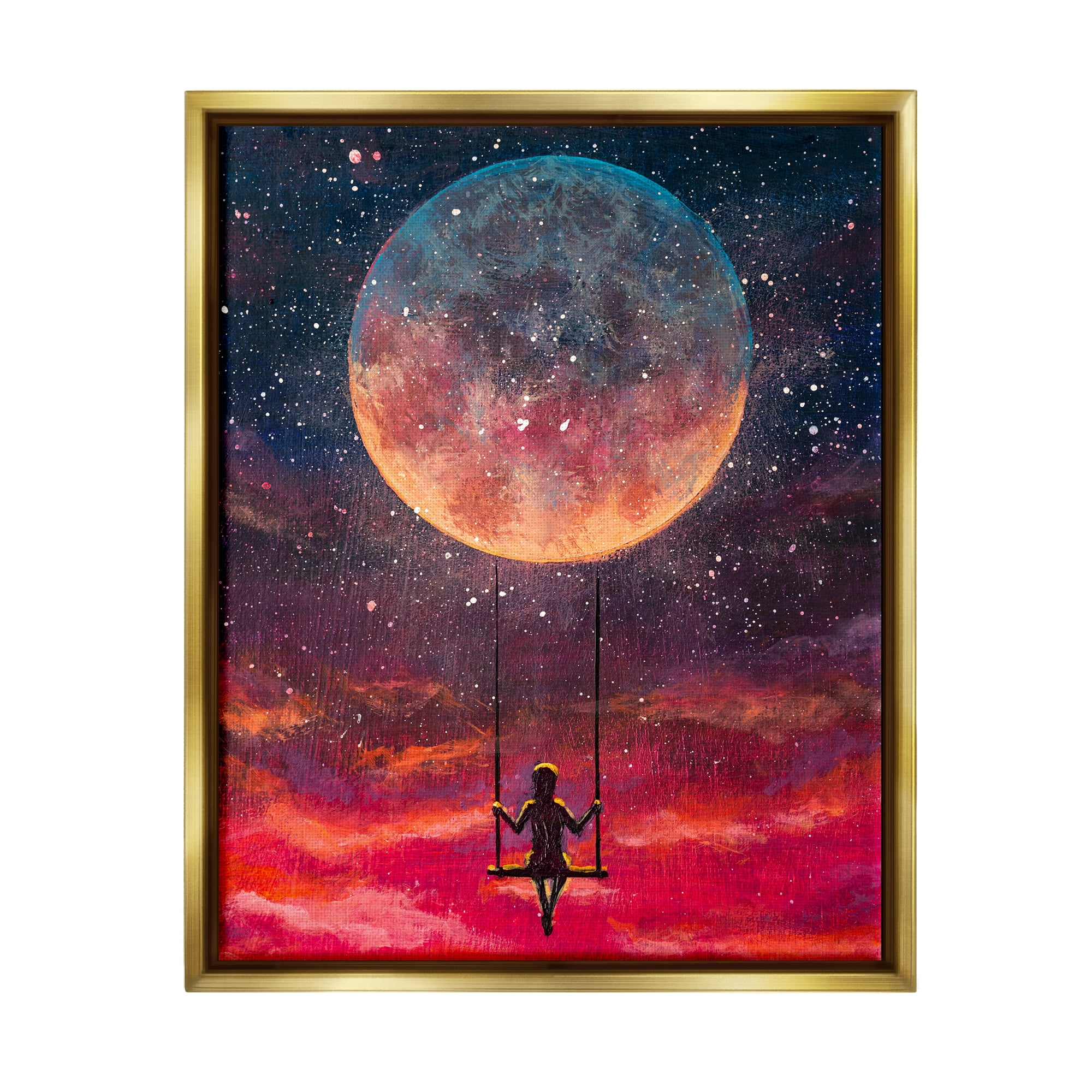 Stupell Industries Person Swinging From Moon Nature Painting Gold Floater Framed Art Print Wall Art, 17 x 21