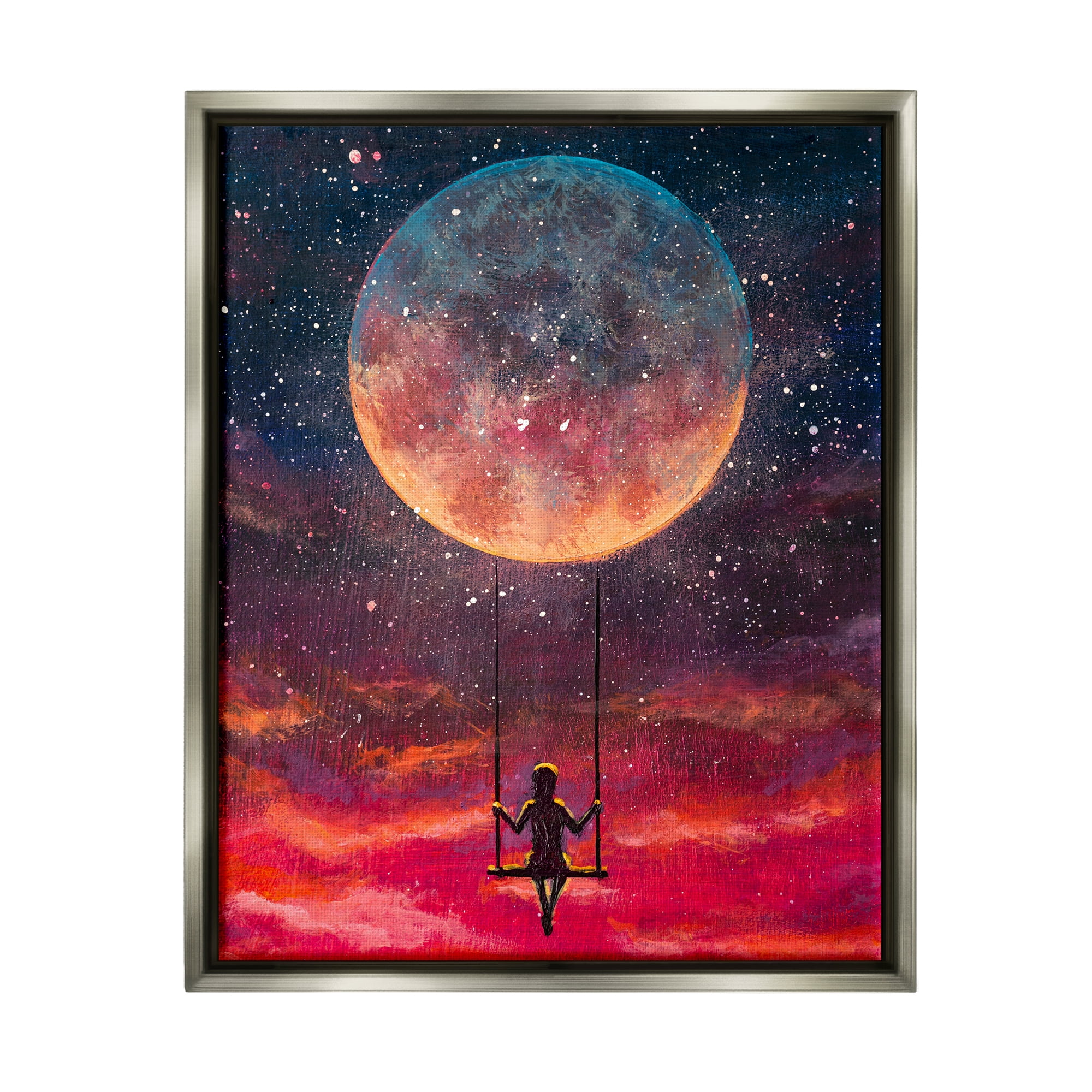 Stupell Industries Person Swinging From Moon Nature Painting Gray Floater Framed Art Print Wall Art, 17 x 21