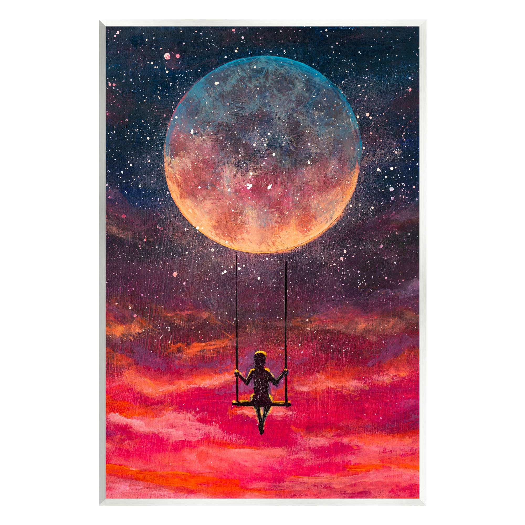 Stupell Industries Person Swinging From Moon Nature Painting Unframed Art Print Wall Art, 10 x 15