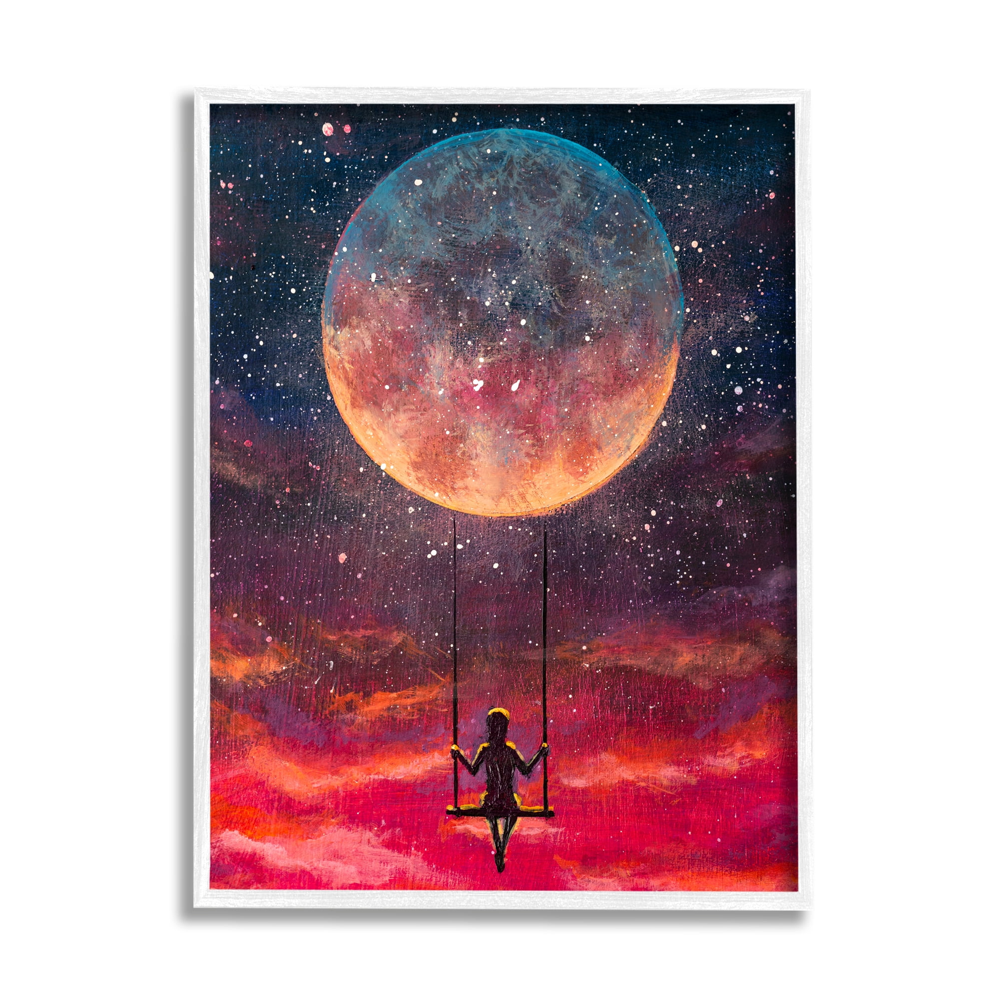 Stupell Industries Person Swinging From Moon Nature Painting White Framed Art Print Wall Art, 16 x 20