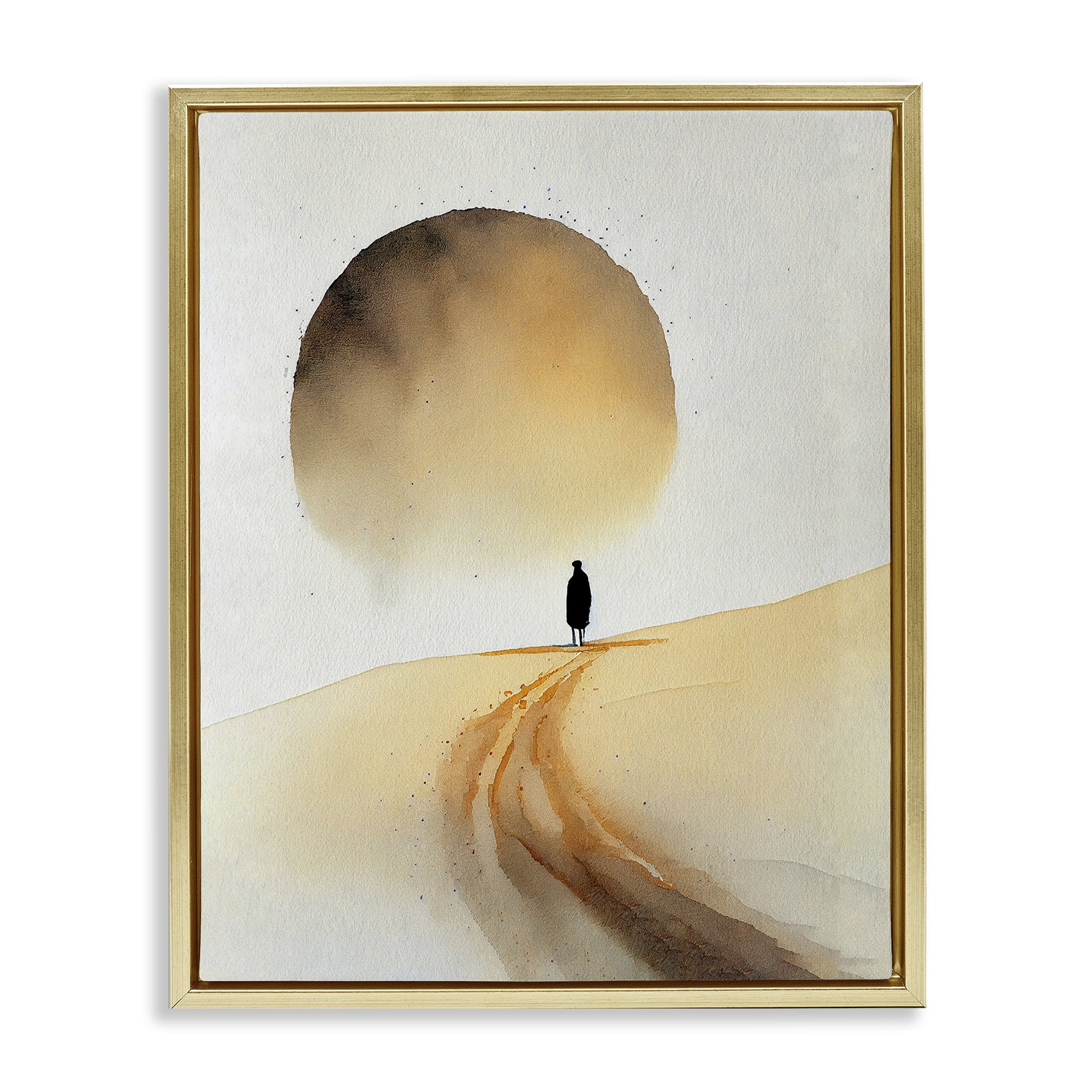 Stupell Industries Person Walking Desert Dunes Landscape Painting Gold Floater Framed Canvas Art Print Wall Art, 17 x 21