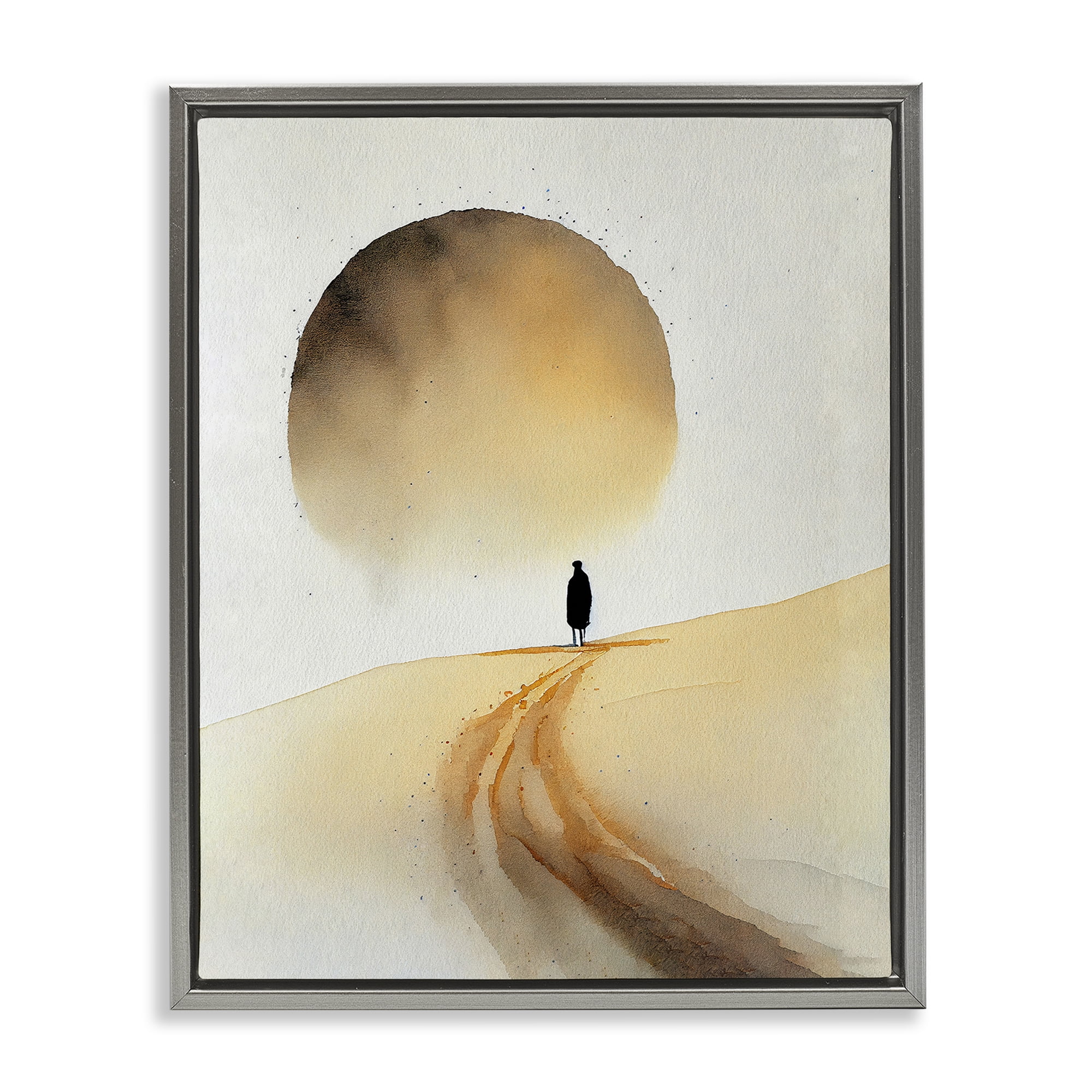 Stupell Industries Person Walking Desert Dunes Landscape Painting Gray Floater Framed Canvas Art Print Wall Art, 25 x 31