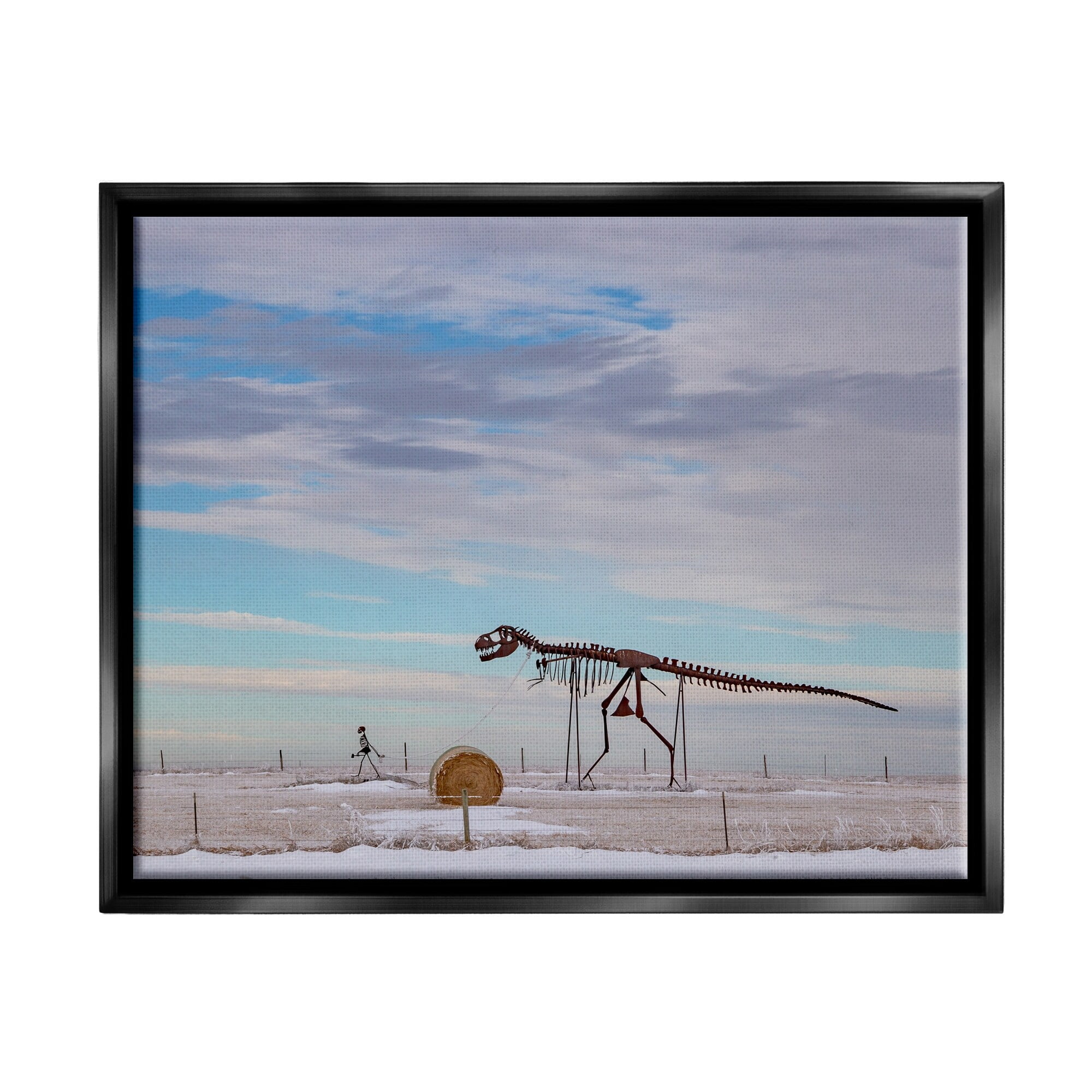 Stupell Industries Person Walking Dinosaur Skeleton Beach Sand Dunes Photograph Jet Black Floating Framed Canvas Print Wall Art, Design by Jeff Poe Photography