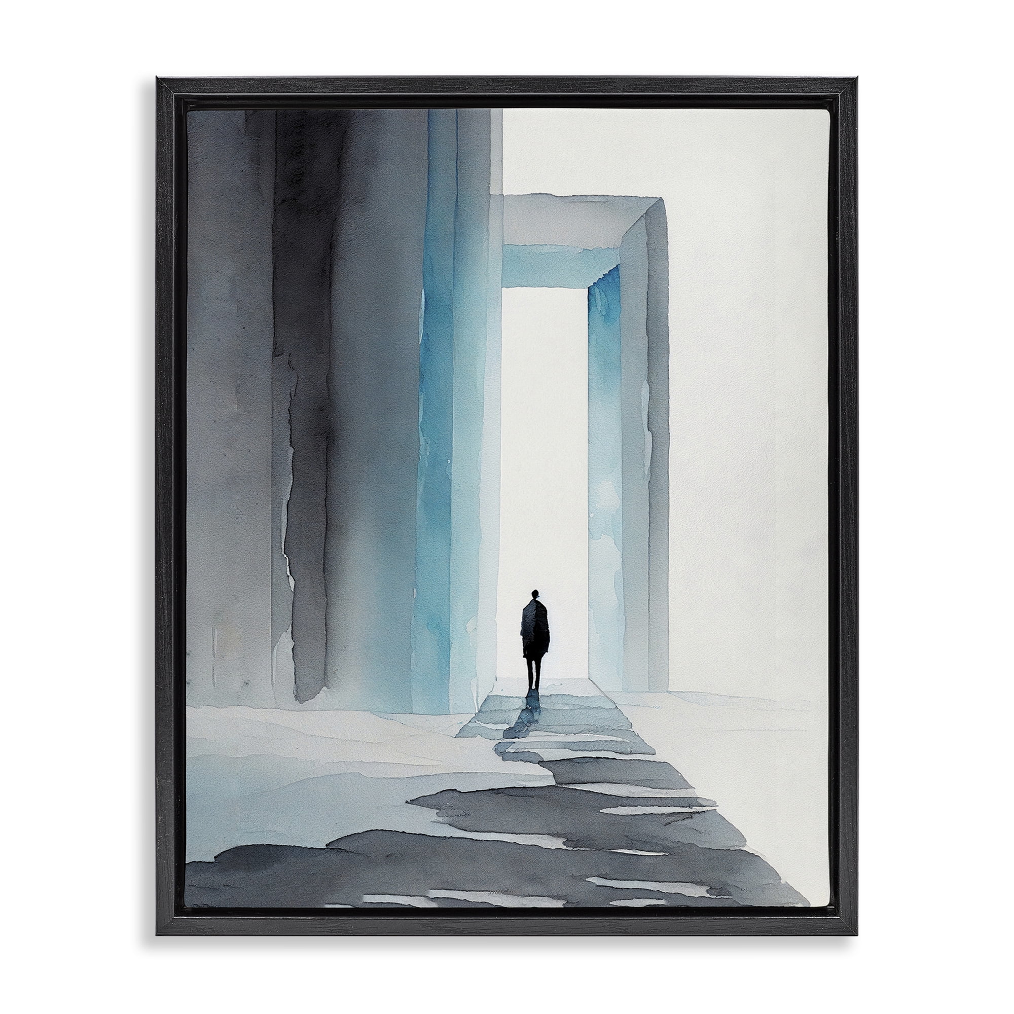 Stupell Industries Person with Snowy Doorway Landscape Painting Black Floater Framed Canvas Art Print Wall Art, 25 x 31
