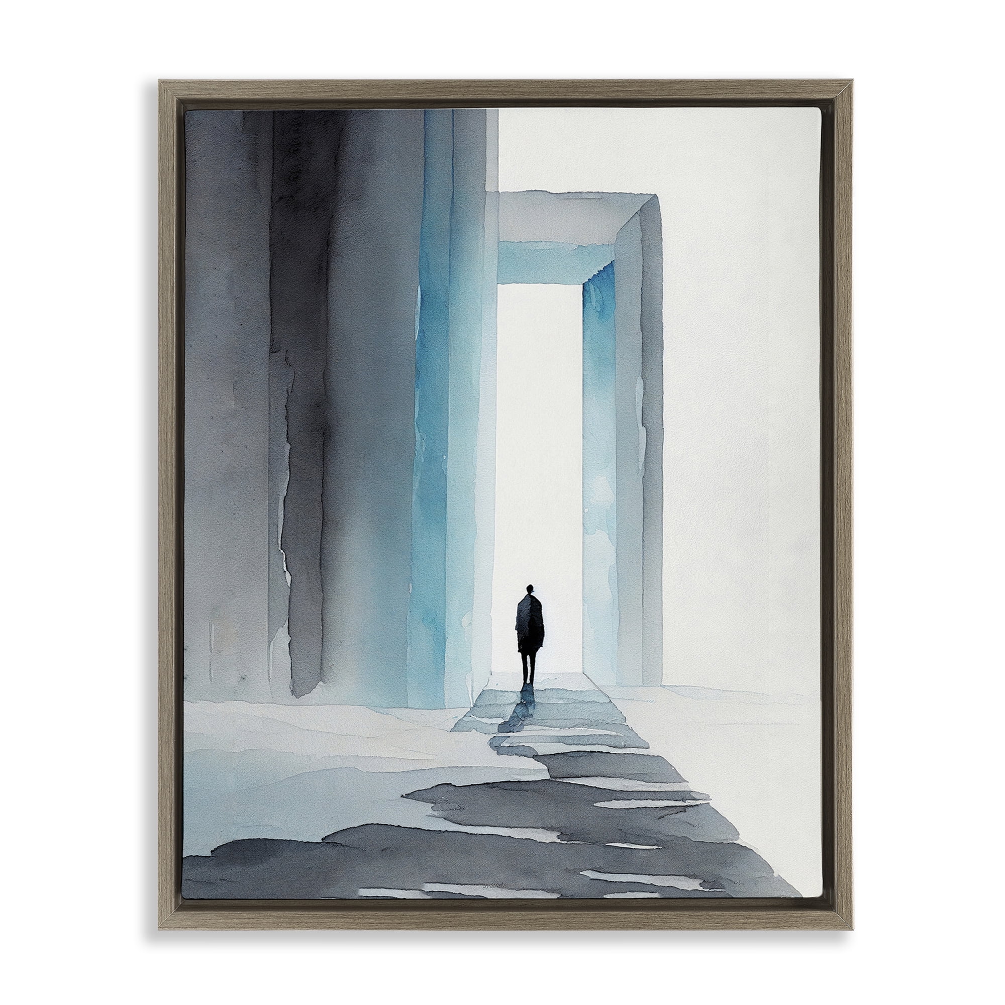 Stupell Industries Person with Snowy Doorway Landscape Painting Brown Floater Framed Canvas Art Print Wall Art, 17 x 21