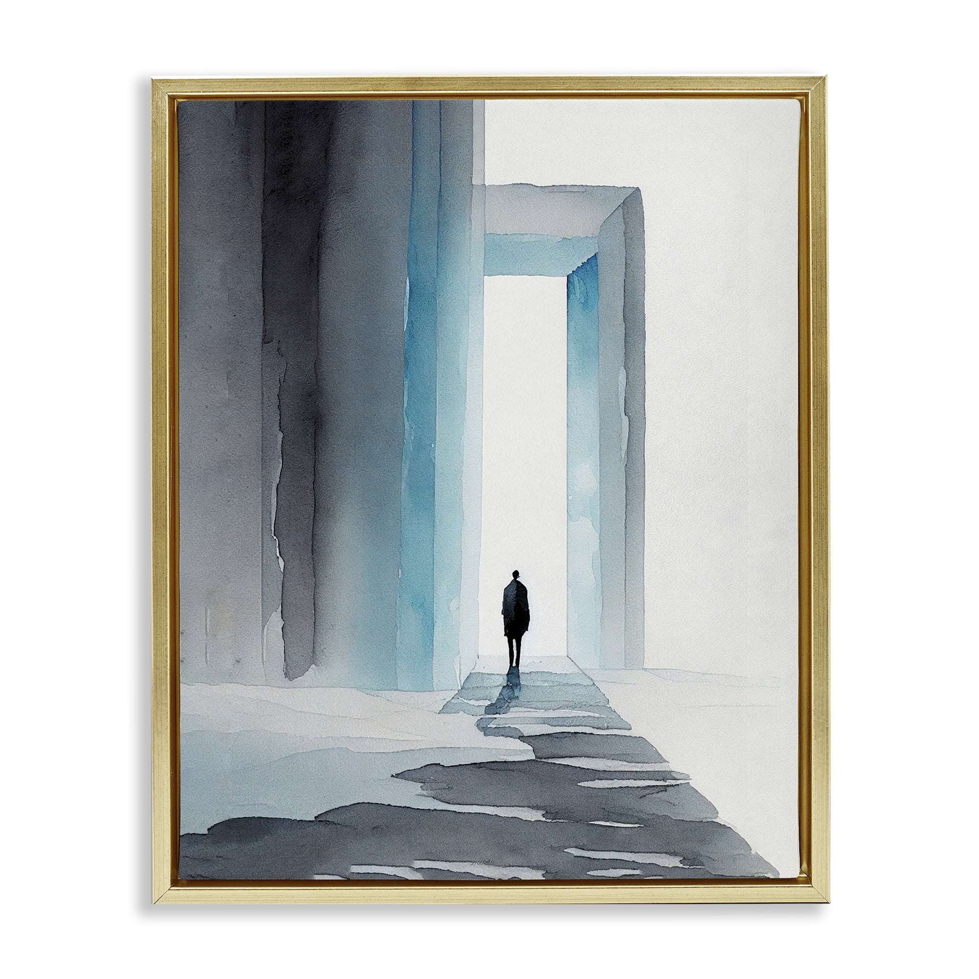 Stupell Industries Person with Snowy Doorway Landscape Painting Gold Floater Framed Canvas Art Print Wall Art, 25 x 31