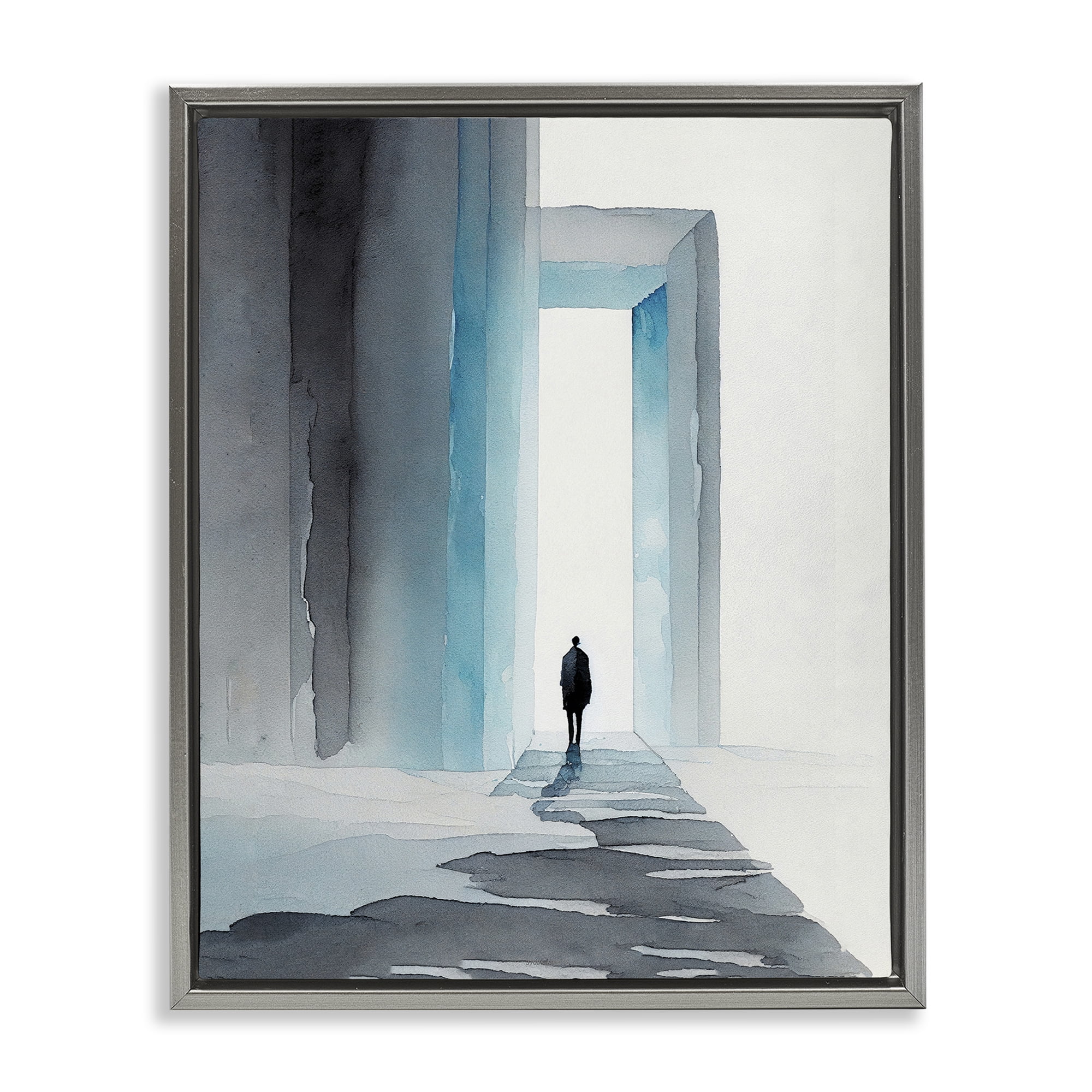 Stupell Industries Person with Snowy Doorway Landscape Painting Gray Floater Framed Canvas Art Print Wall Art, 25 x 31