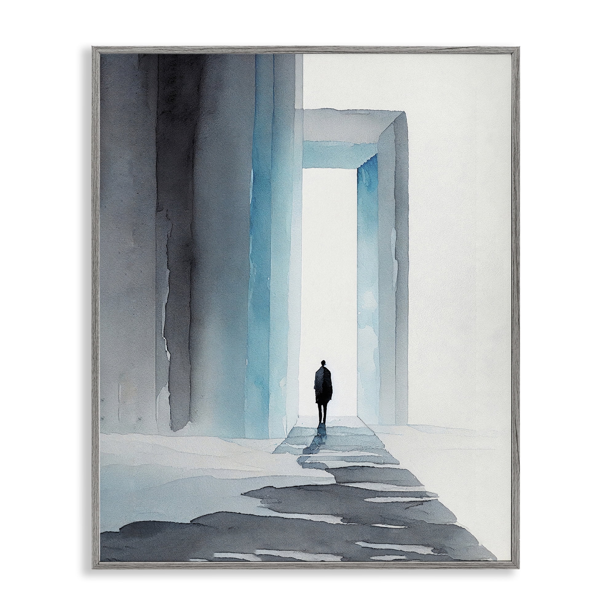 Stupell Industries Person with Snowy Doorway Landscape Painting Gray Framed Art Print Wall Art, 16 x 20