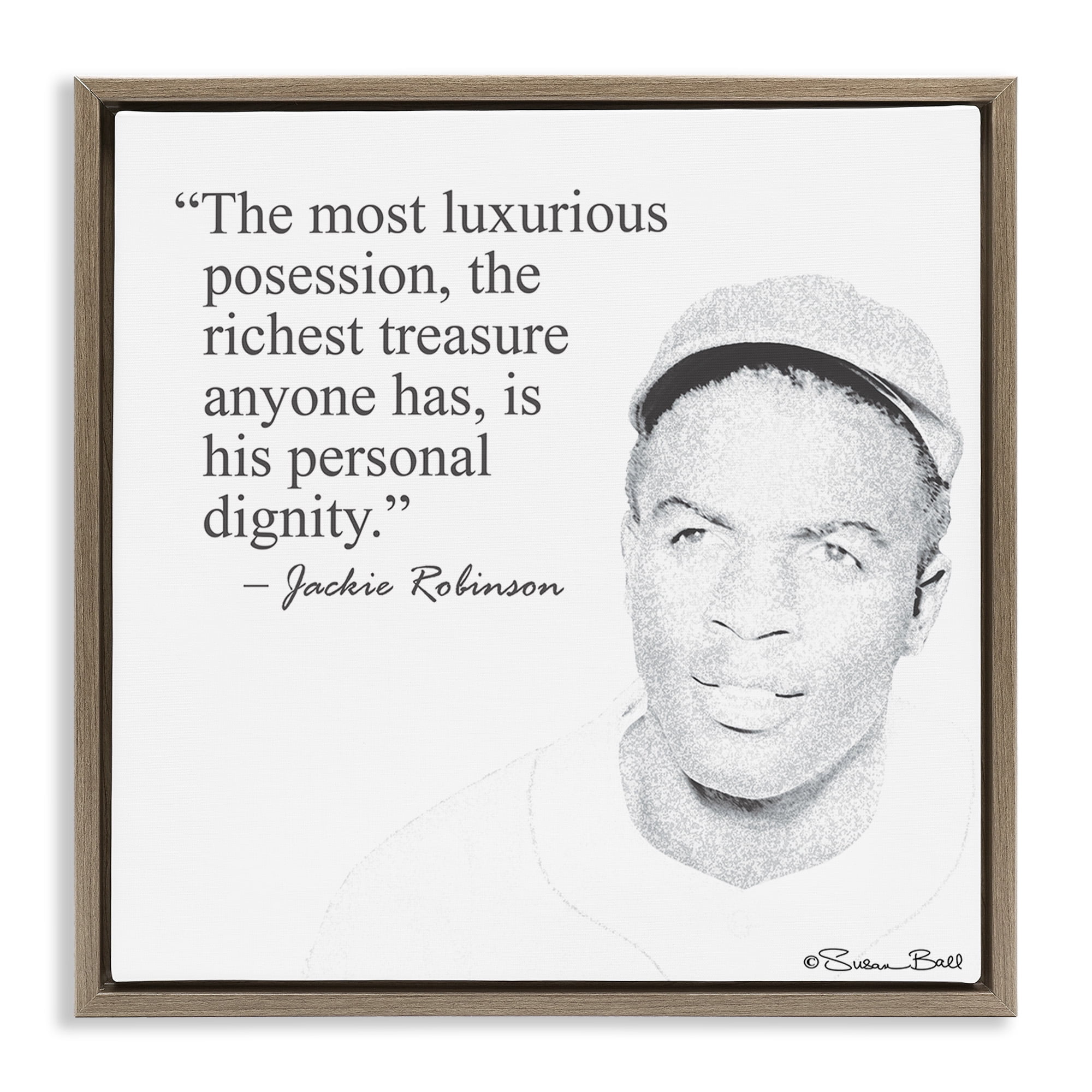 Jackie Robinson Quote Black and White Canvas Art with Brown Frame