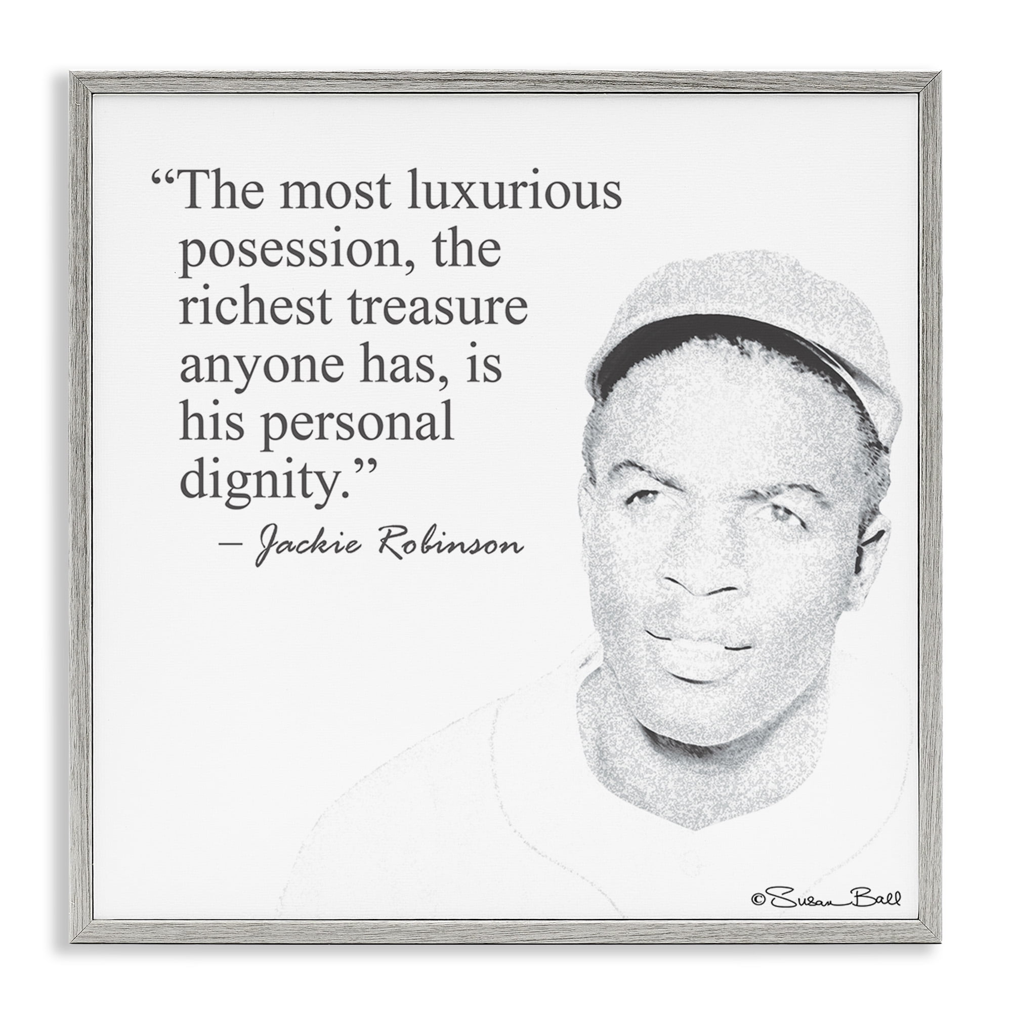 Stupell Industries Personal Dignity Jackie Robinson Quote Black and White Inspirational Painting Gray Framed Art Print Wall Art, 12 x 12