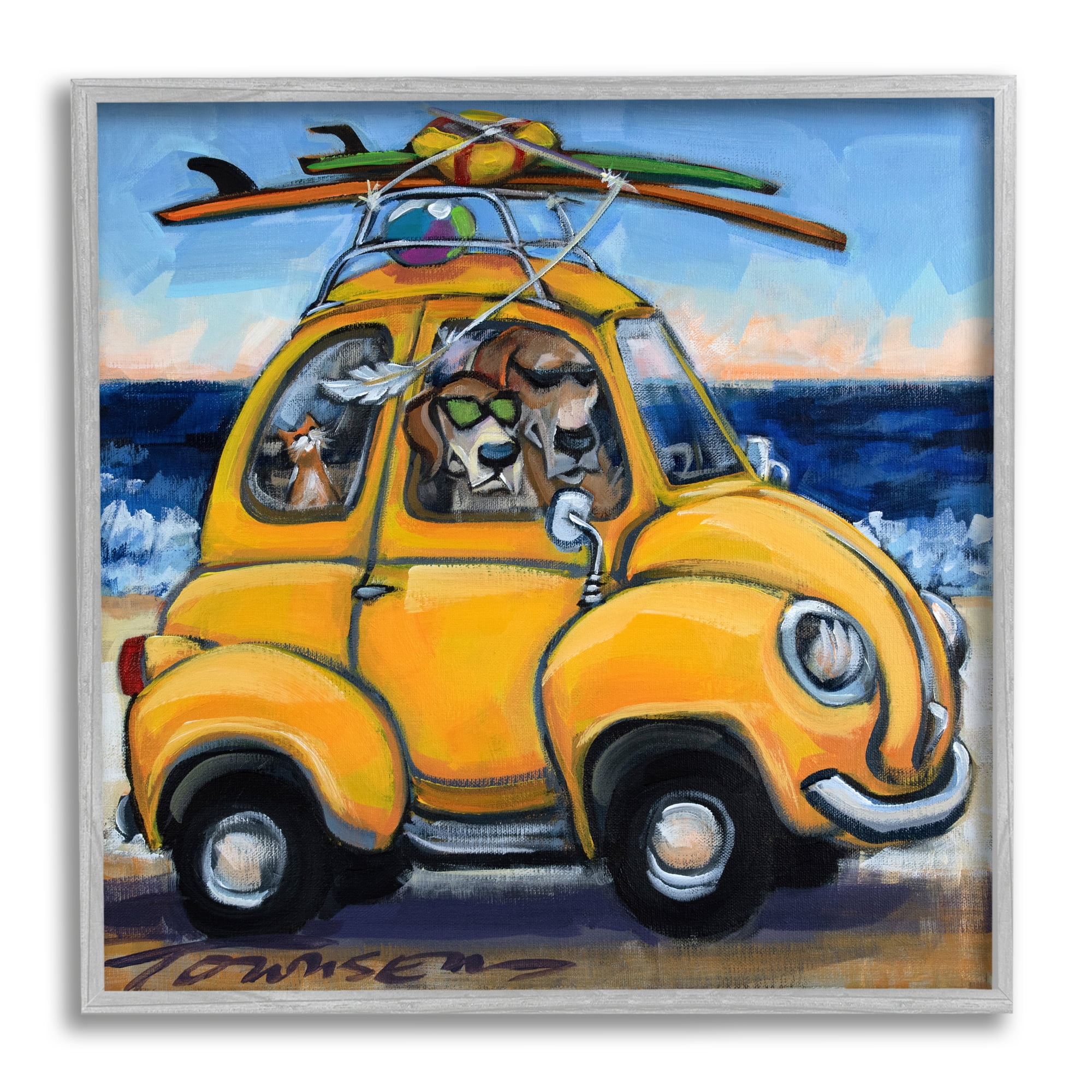 Stupell Industries Pet Beach Buggy Groovy Dog Cat Surf Scene, 17 x 17, Design by CR Townsend