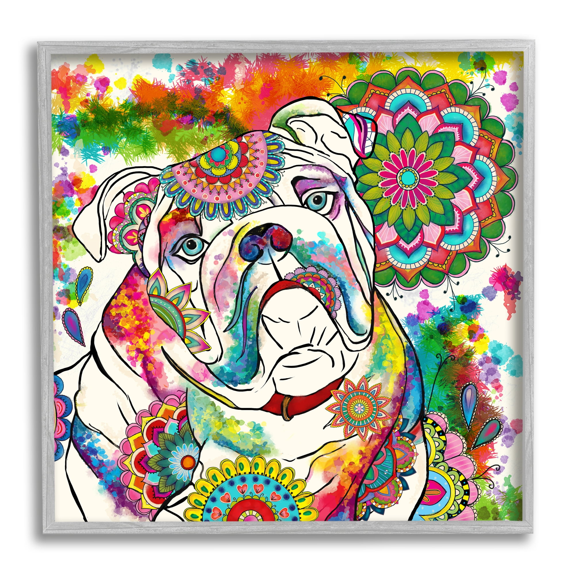 Stupell Industries Pet Bulldog Portrait Vibrant Medallion Boho Pattern, 12 x 12,Design by Sangita Bachelet