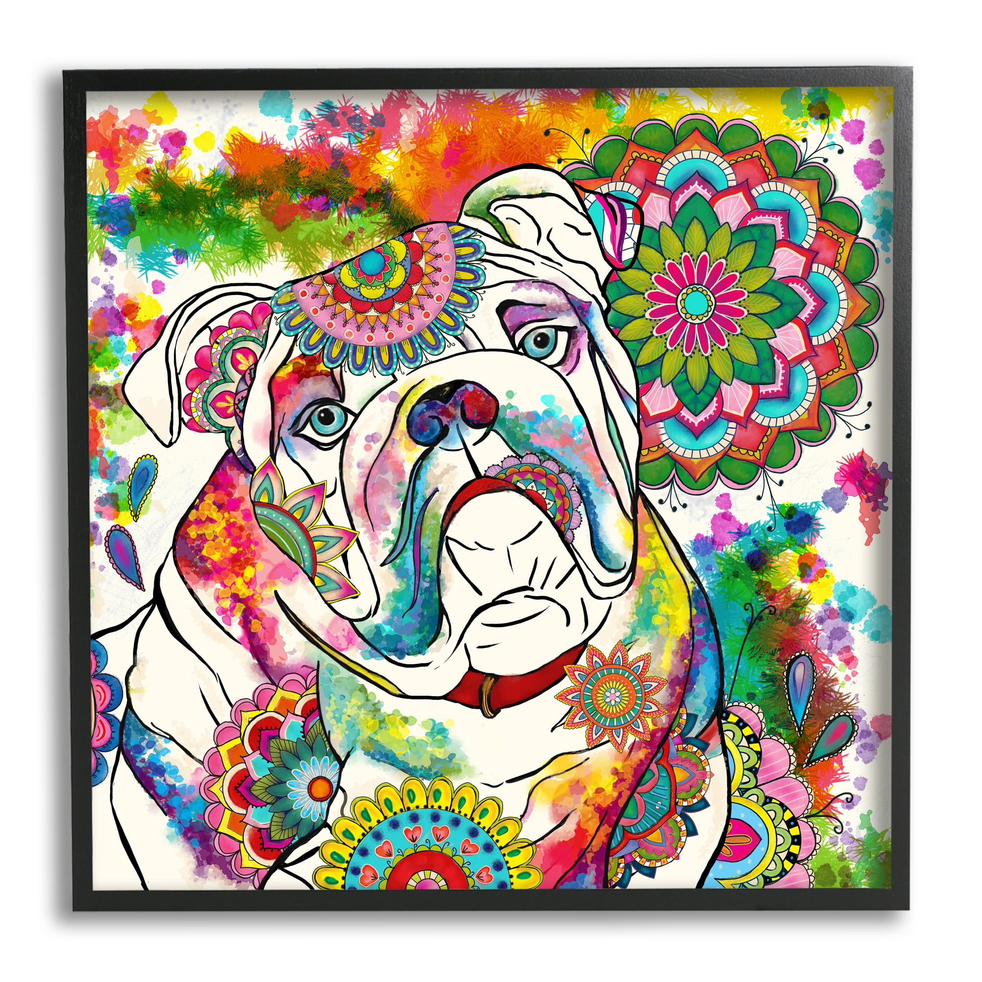Stupell Industries Pet Bulldog Portrait Vibrant Medallion Boho Pattern, 12 x 12,Design by Sangita Bachelet