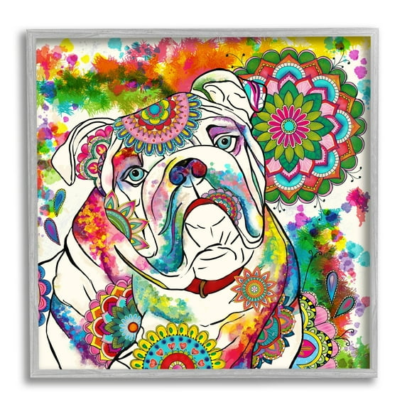 Stupell Industries Pet Bulldog Portrait Vibrant Medallion Boho Pattern, 24 x 24,Design by Sangita Bachelet