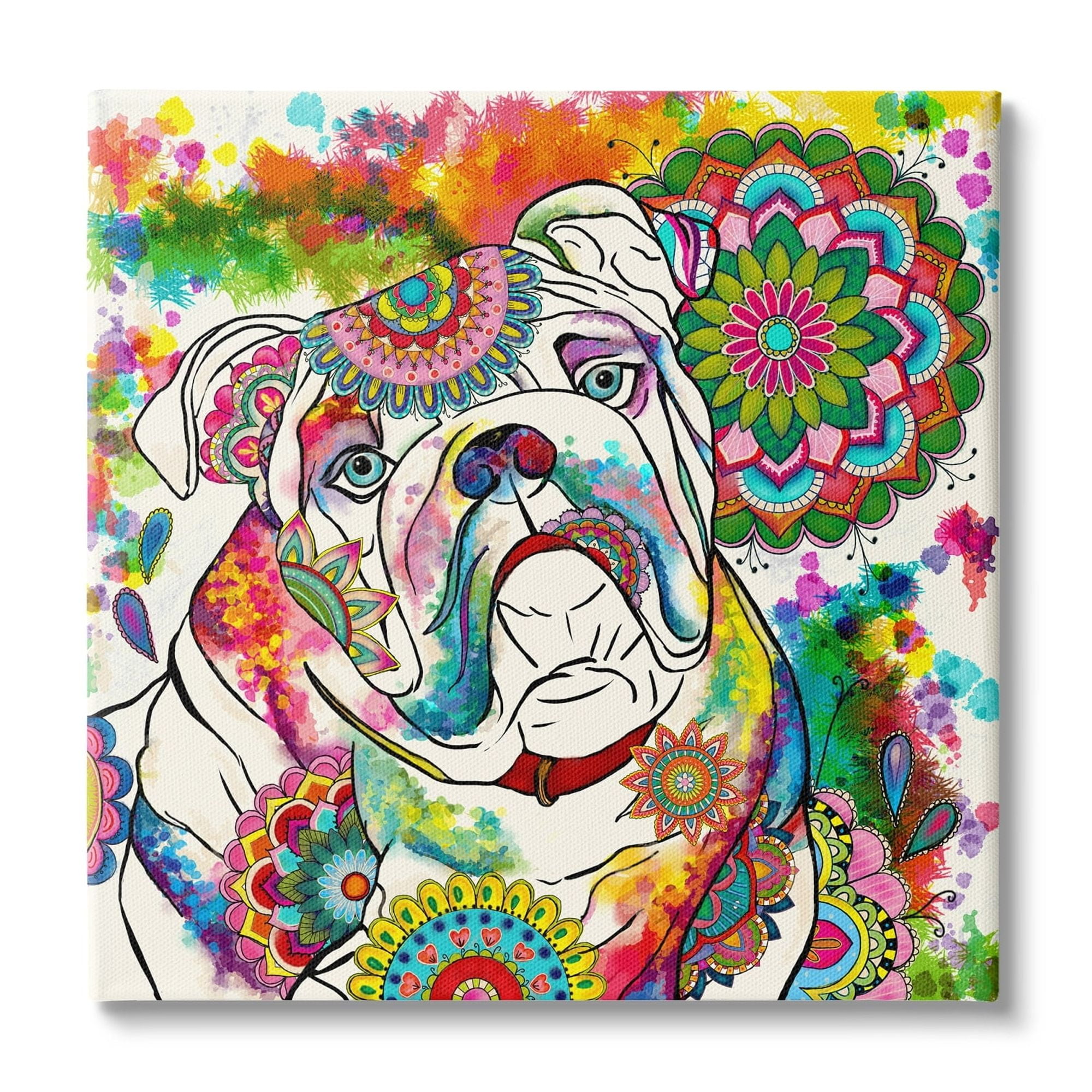 Stupell Industries Pet Bulldog Portrait Vibrant Medallion Boho Pattern, 24 x 24,Design by Sangita Bachelet