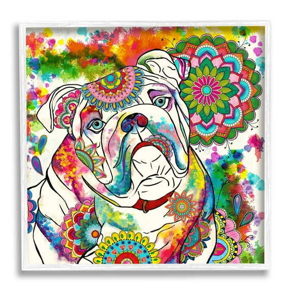 Stupell Industries Pet Bulldog Portrait Vibrant Medallion Boho Pattern, 24 x 24,Design by Sangita Bachelet