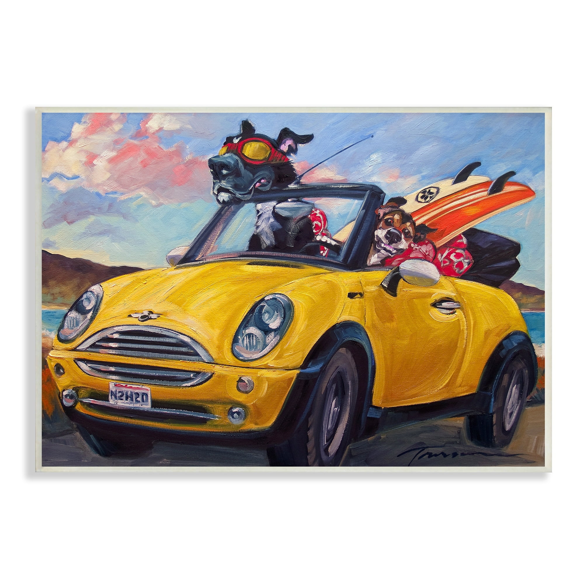 Stupell Industries Pet Dogs Yellow Convertible Surfboard Beach Car, 19 x 13,Design by CR Townsend