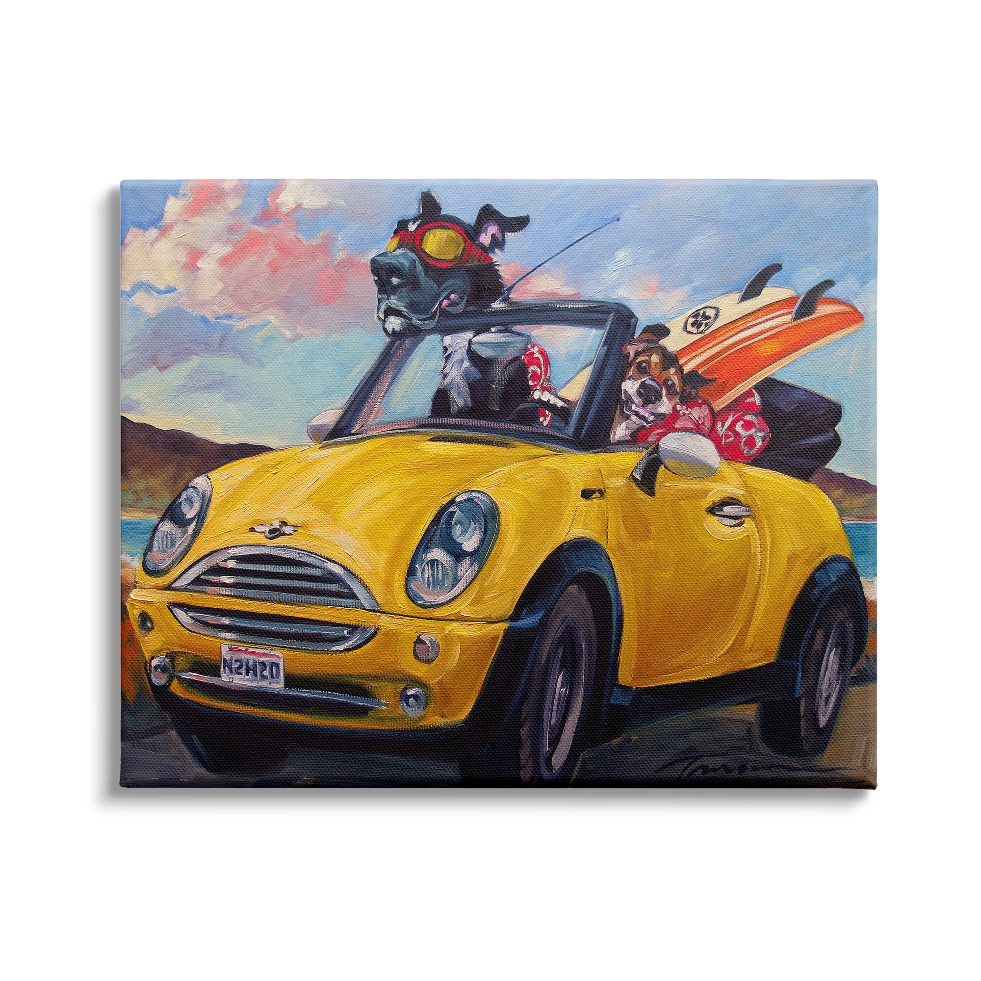 Stupell Industries Pet Dogs Yellow Convertible Surfboard Beach Car, 30 x 24,Design by CR Townsend