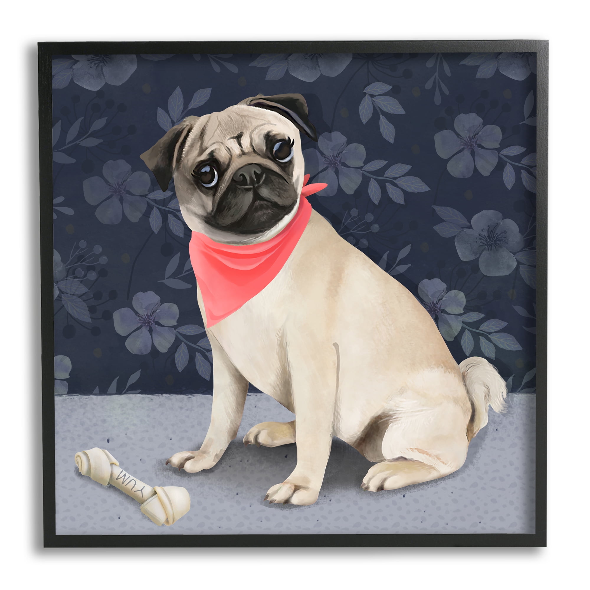 Stupell Industries Pet Pug & Bone Animals & Insects Painting Black Framed Art Print Wall Art, 24 x 24