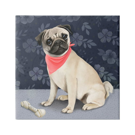 Stupell Industries Pet Pug & Bone Animals & Insects Painting Gallery Wrapped Canvas Print Wall Art, 17 x 17