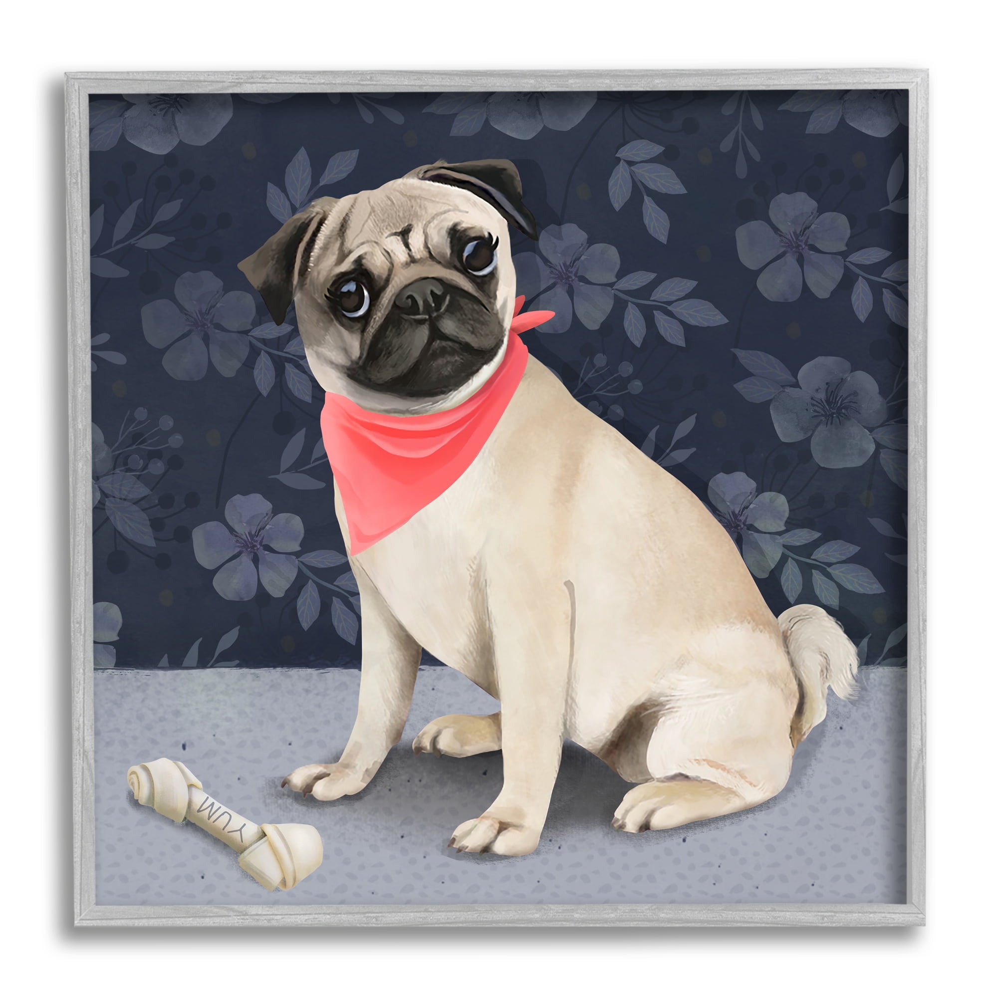 Stupell Industries Pet Pug & Bone Animals & Insects Painting Gray Framed Art Print Wall Art, 12 x 12