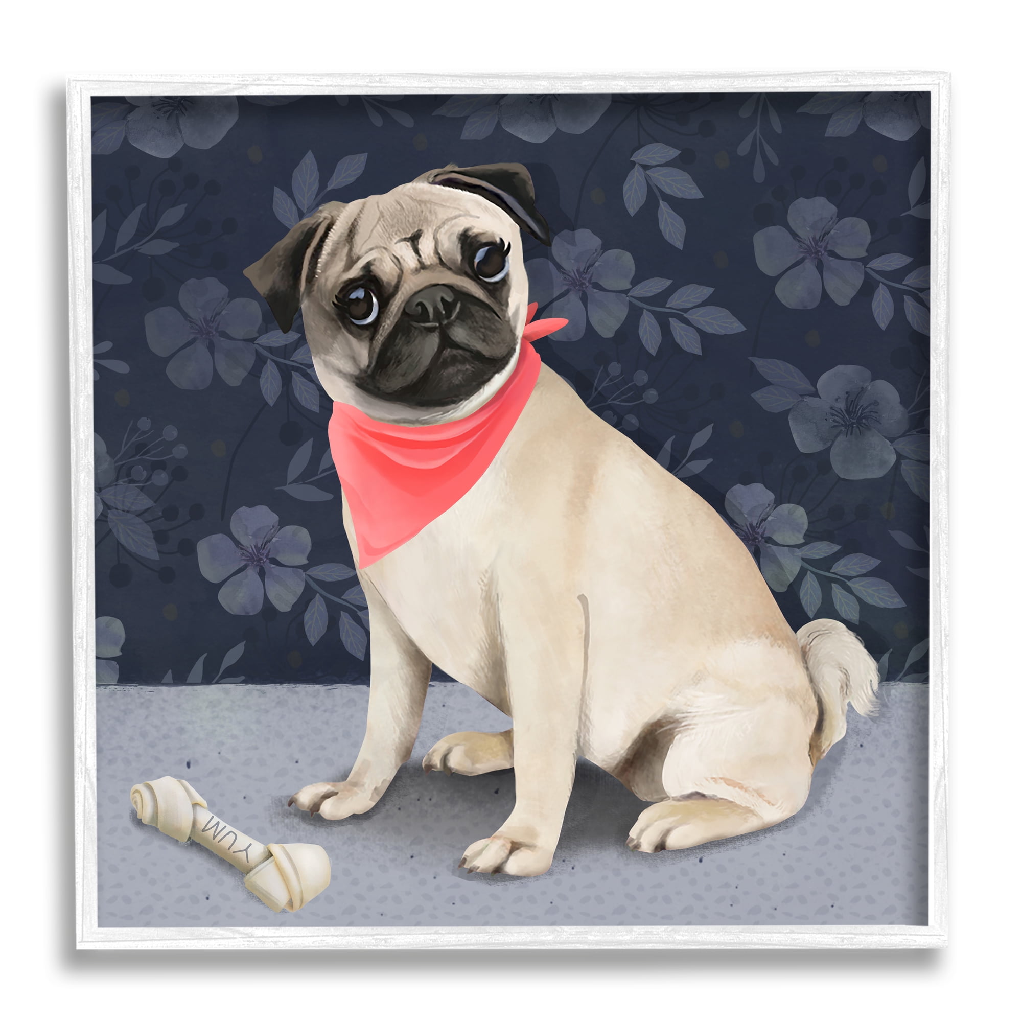 Stupell Industries Pet Pug & Bone Animals & Insects Painting White Framed Art Print Wall Art, 24 x 24